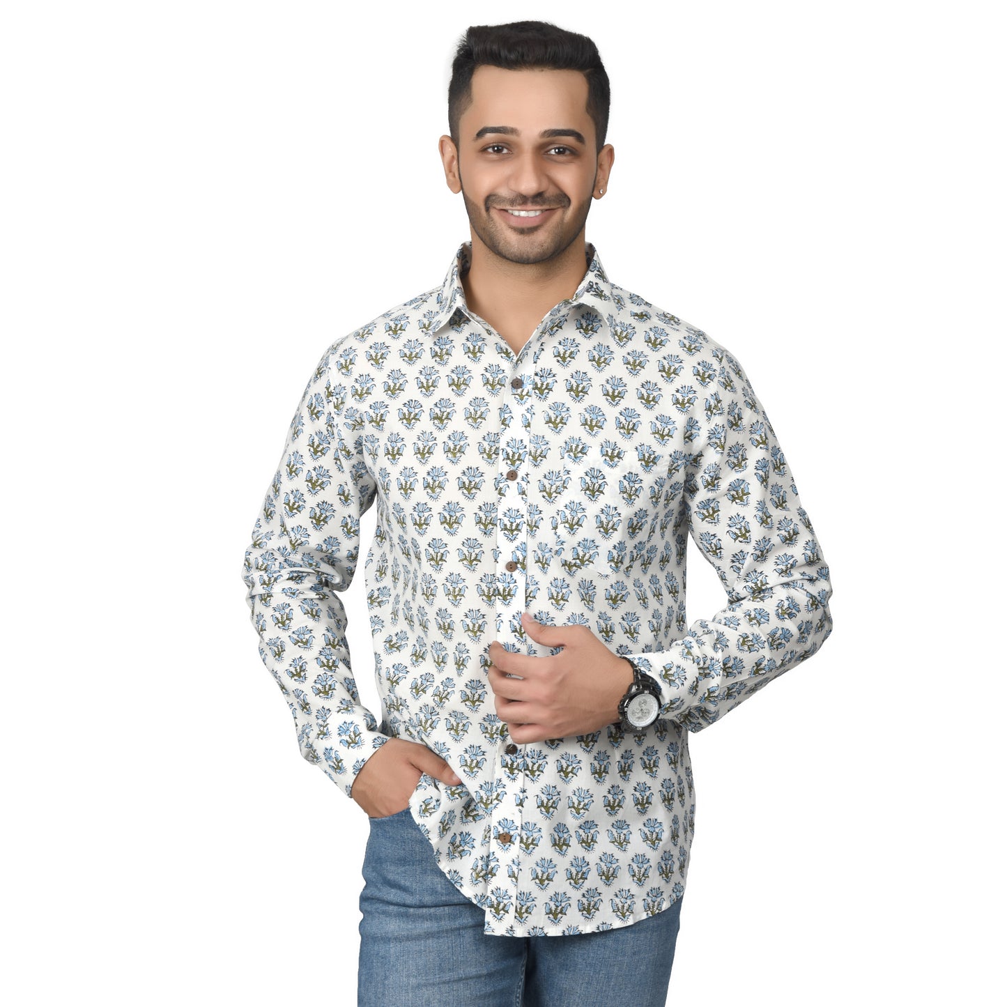 Men's Cotton Shirt Slim Fit Full Sleeves Traditional Block Printed Button Down Skin Friendly Cotton fabric Shirt
