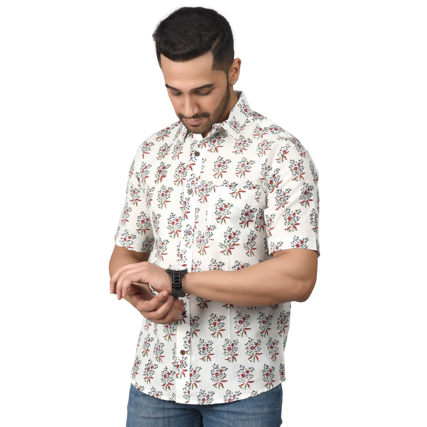 Men's Cotton Half Shirt Slim Fit Half Sleeves Traditional Block Printed Button Down Skin Friendly Cotton fabric Half Shirt