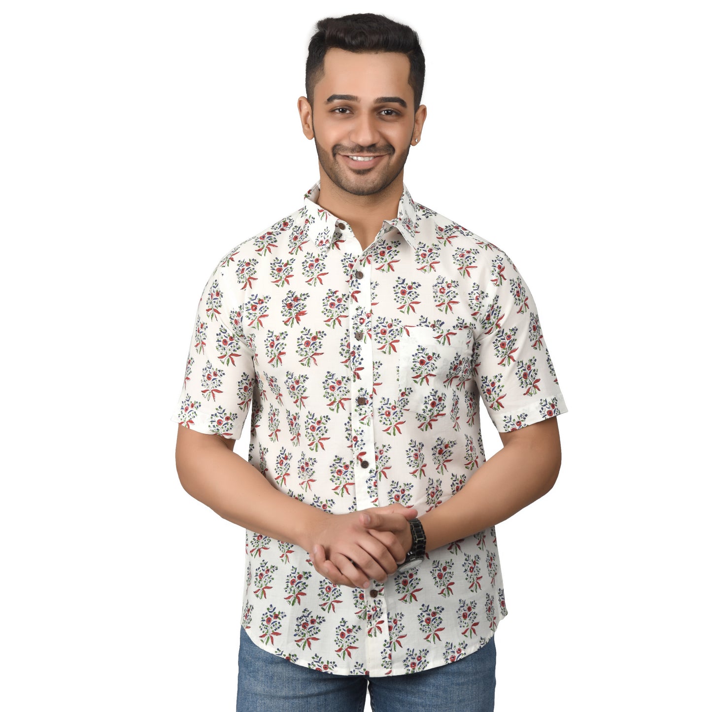 Men's Cotton Half Shirt Slim Fit Half Sleeves Traditional Block Printed Button Down Skin Friendly Cotton fabric Half Shirt