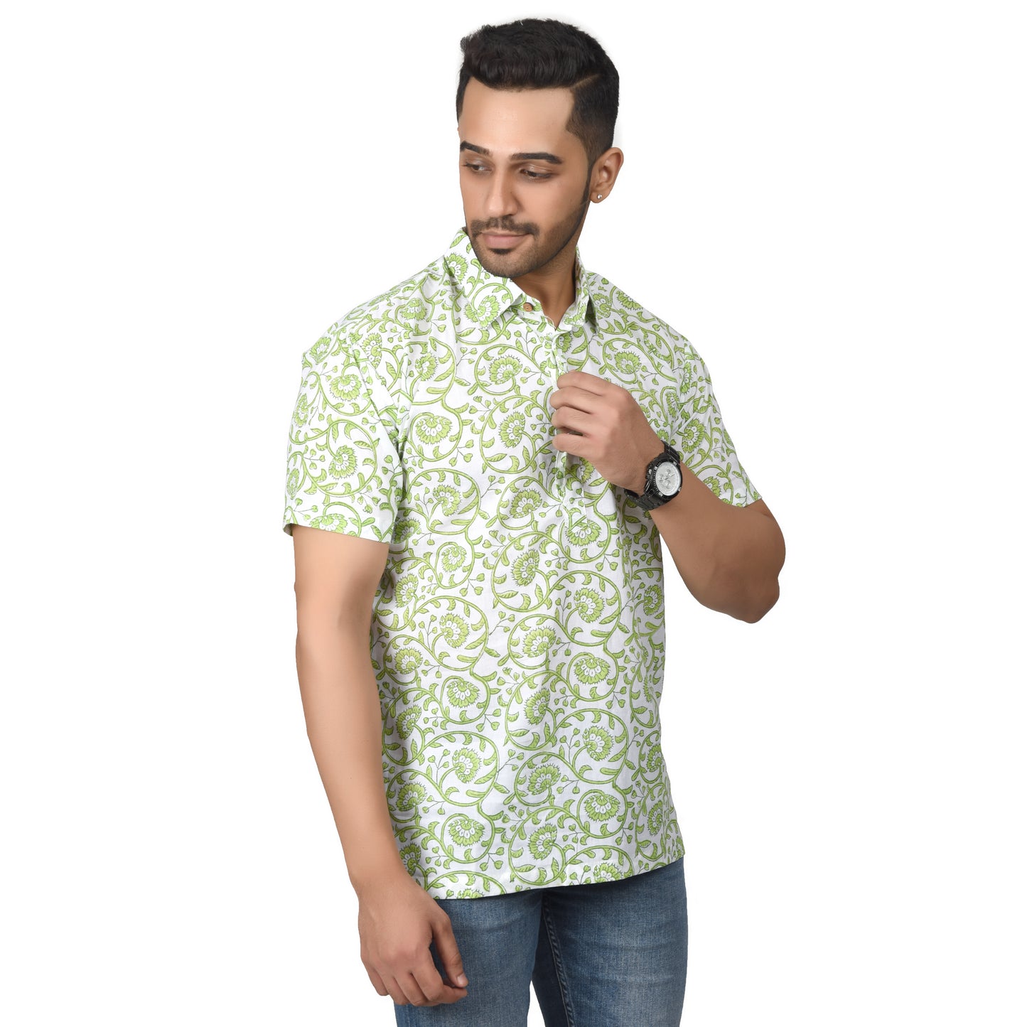 Men's Cotton Half Shirt Slim Fit Half Sleeves Traditional Block Printed Button Down Skin Friendly Cotton fabric Half Shirt