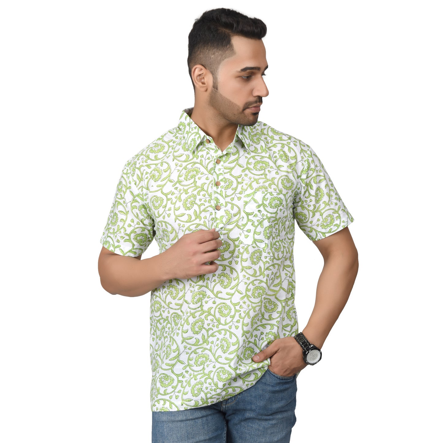 Men's Cotton Half Shirt Slim Fit Half Sleeves Traditional Block Printed Button Down Skin Friendly Cotton fabric Half Shirt