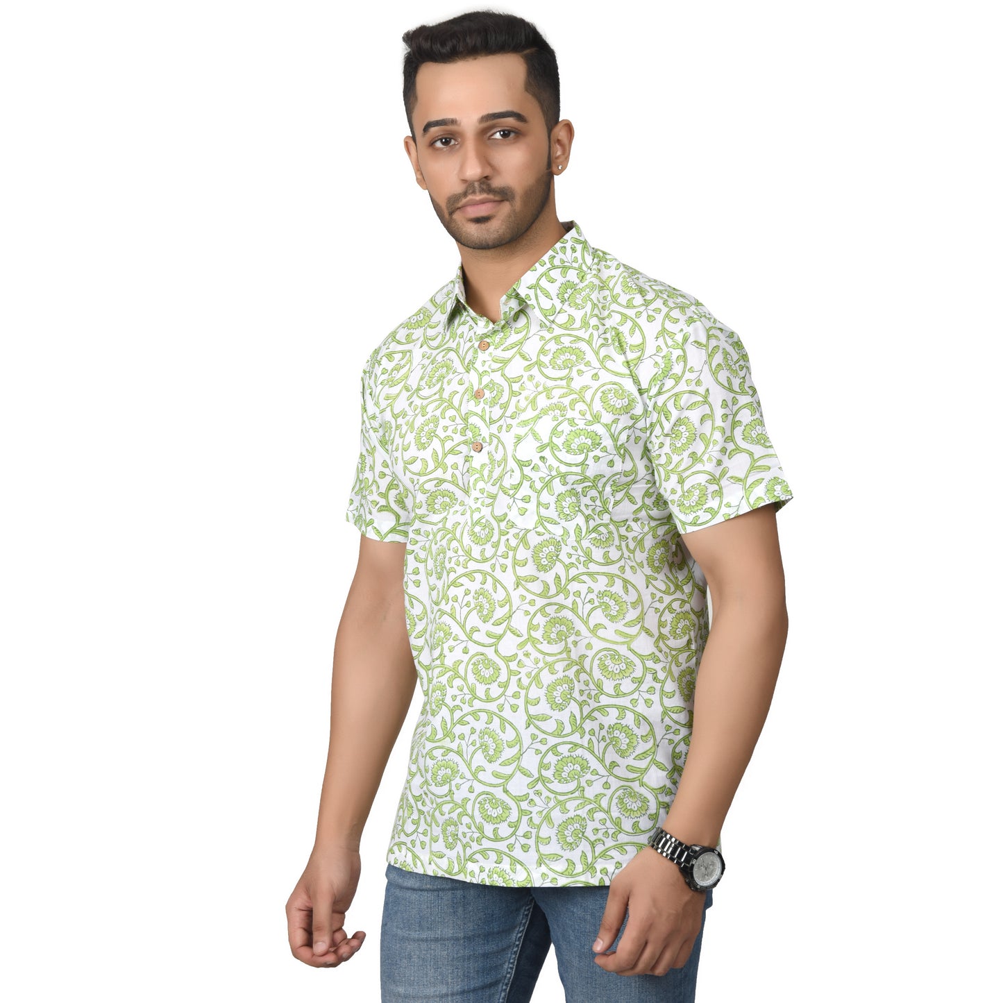 Men's Cotton Half Shirt Slim Fit Half Sleeves Traditional Block Printed Button Down Skin Friendly Cotton fabric Half Shirt