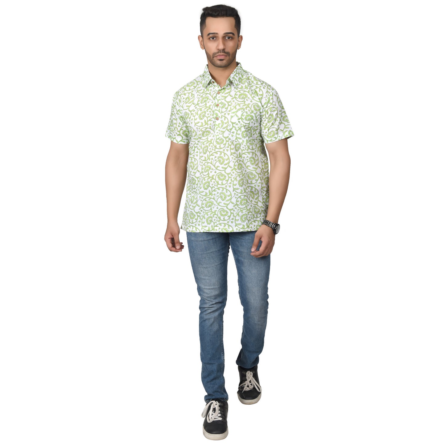 Men's Cotton Half Shirt Slim Fit Half Sleeves Traditional Block Printed Button Down Skin Friendly Cotton fabric Half Shirt