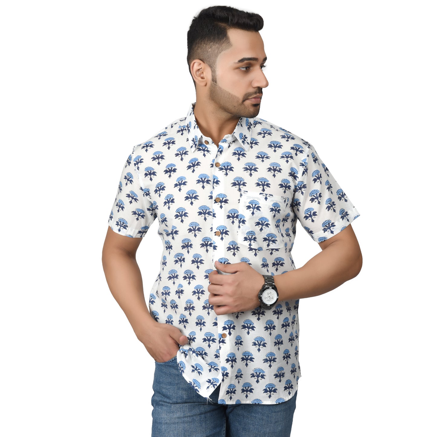 Men's Cotton Half Shirt Slim Fit Half Sleeves Traditional Block Printed Button Down Skin Friendly Cotton fabric Half Shirt