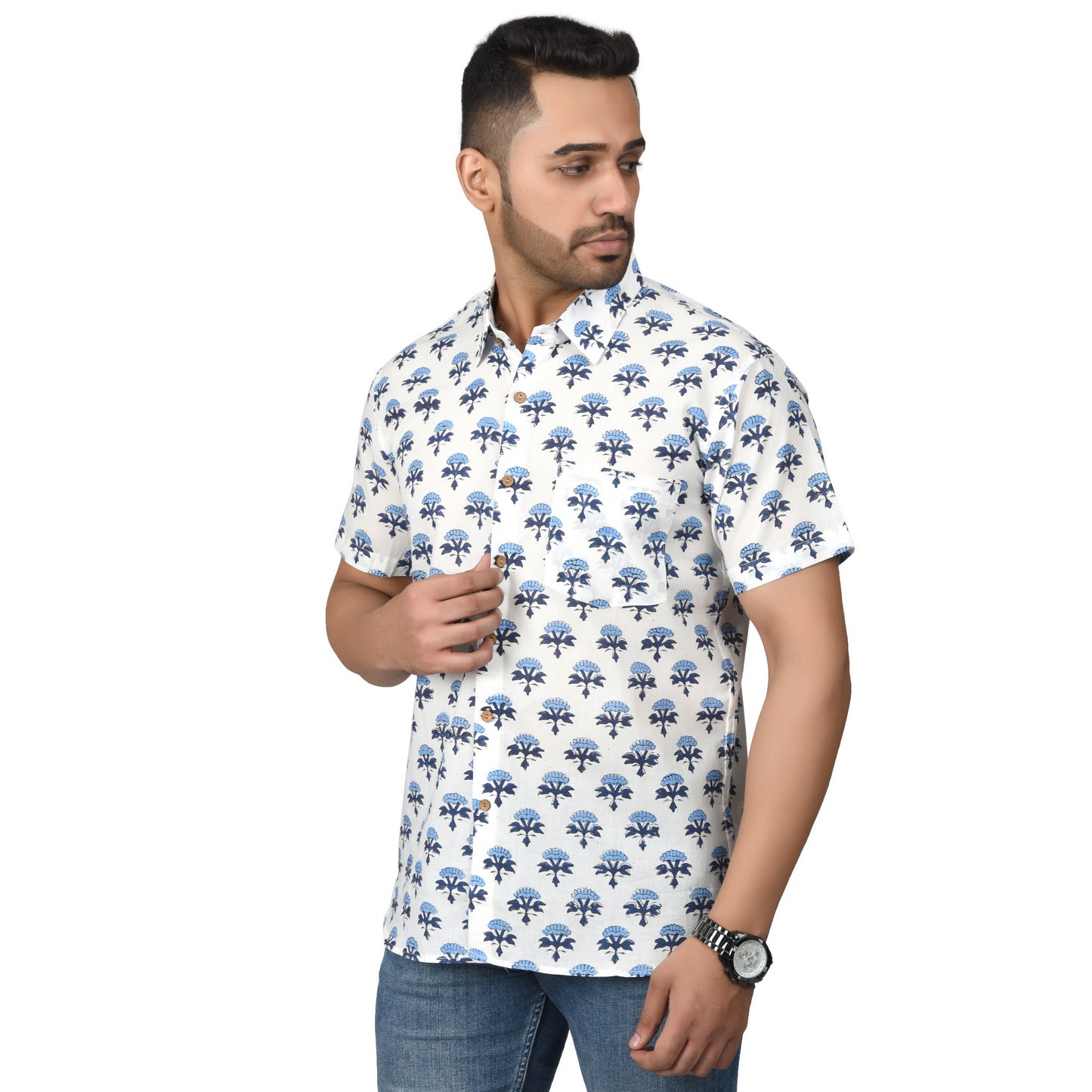 Men's Cotton Half Shirt Slim Fit Half Sleeves Traditional Block Printed Button Down Skin Friendly Cotton fabric Half Shirt