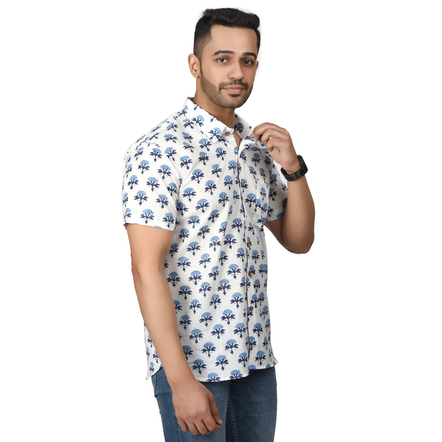 Men's Cotton Half Shirt Slim Fit Half Sleeves Traditional Block Printed Button Down Skin Friendly Cotton fabric Half Shirt