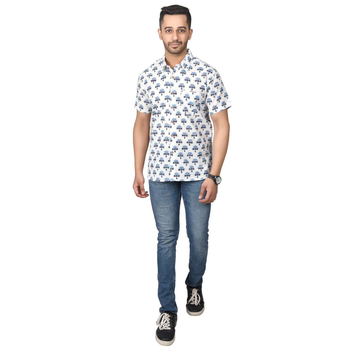 Men's Cotton Half Shirt Slim Fit Half Sleeves Traditional Block Printed Button Down Skin Friendly Cotton fabric Half Shirt