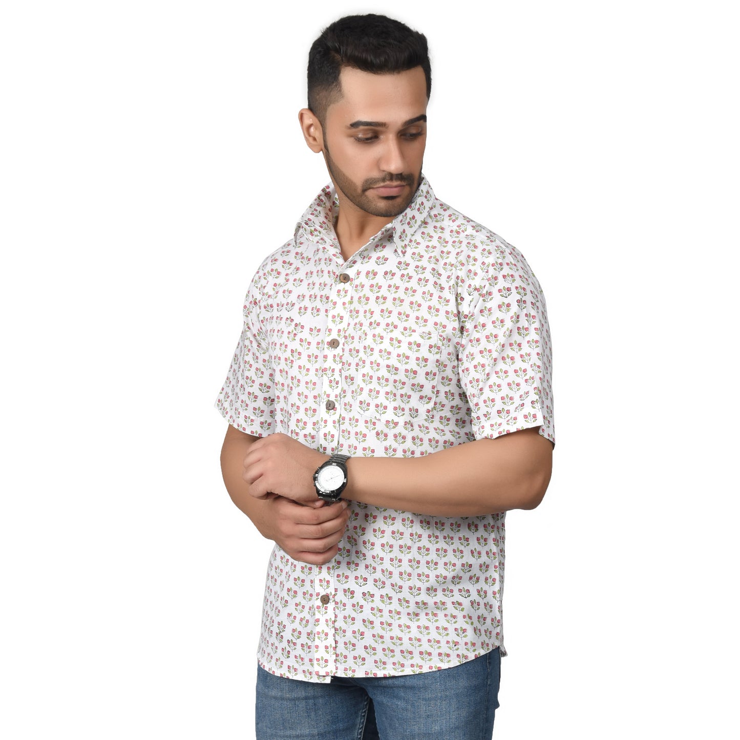 Men's Cotton Half Shirt Slim Fit Half Sleeves Traditional Block Printed Button Down Skin Friendly Cotton fabric Half Shirt