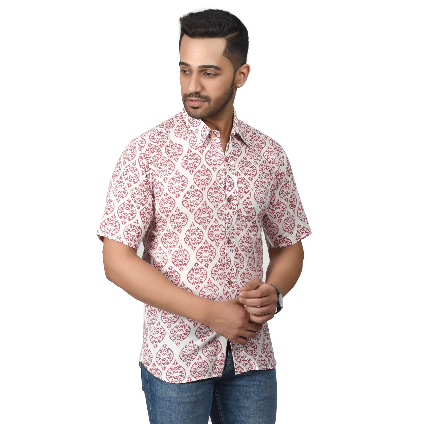 Men's Cotton Half Shirt Slim Fit Half Sleeves Traditional Block Printed Button Down Skin Friendly Cotton fabric Half Shirt