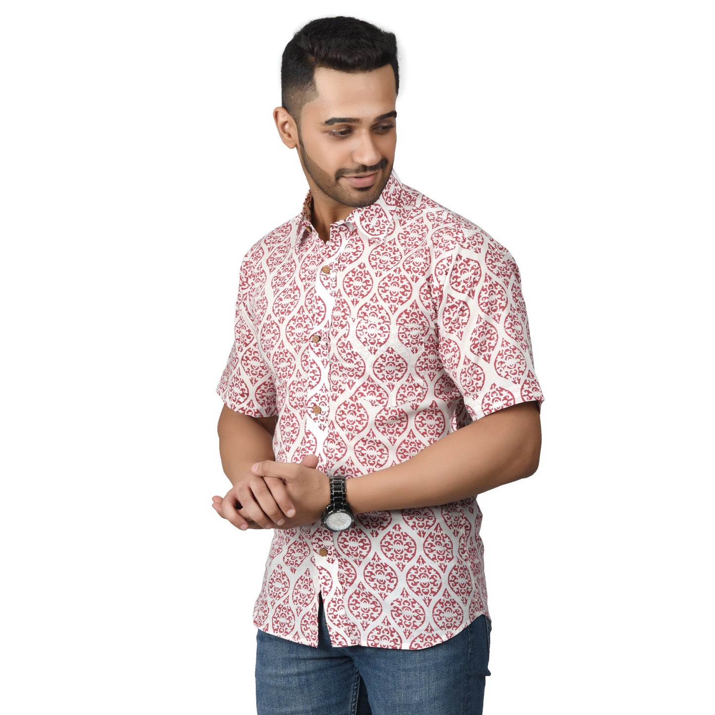 Men's Cotton Half Shirt Slim Fit Half Sleeves Traditional Block Printed Button Down Skin Friendly Cotton fabric Half Shirt