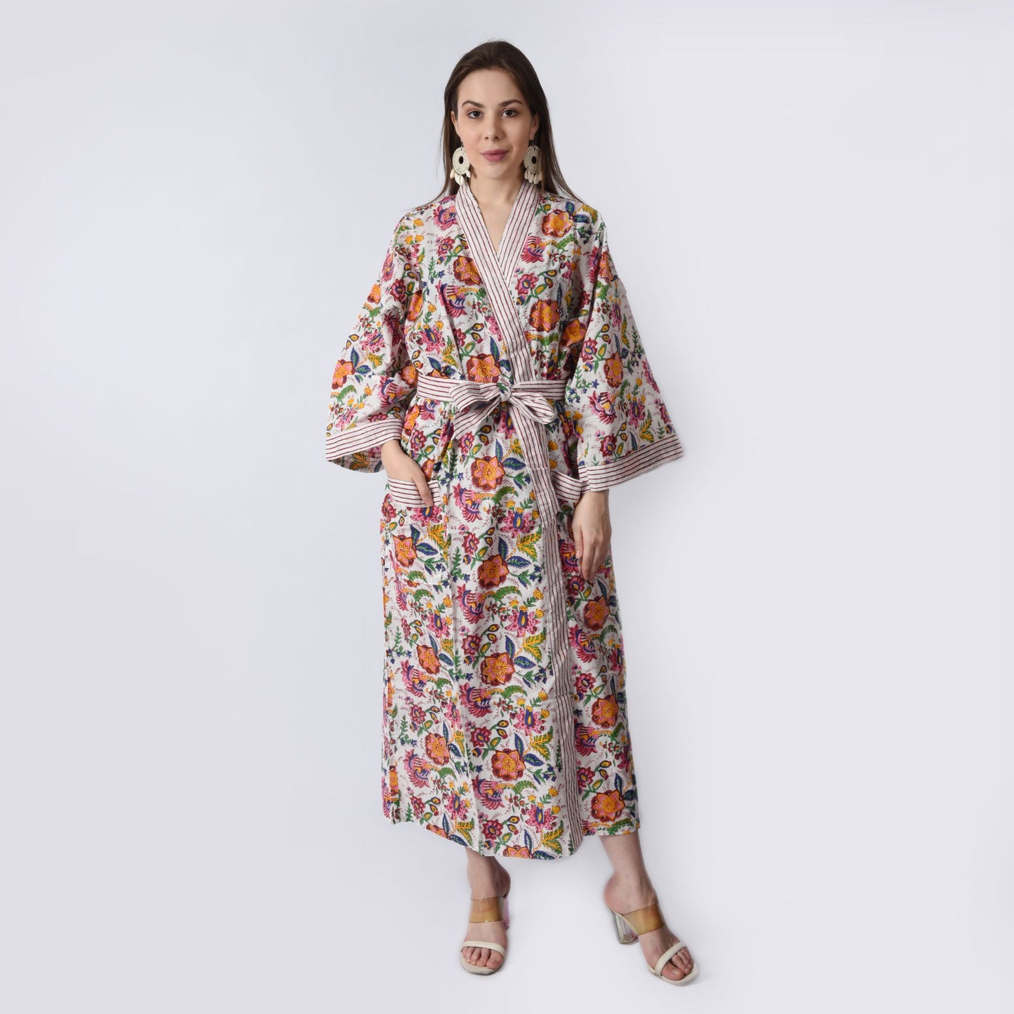 Hand Block Printed Sanganeri Jaipuri Floral Women Casual Kimono Dress Beach wear sleepwear belted dress