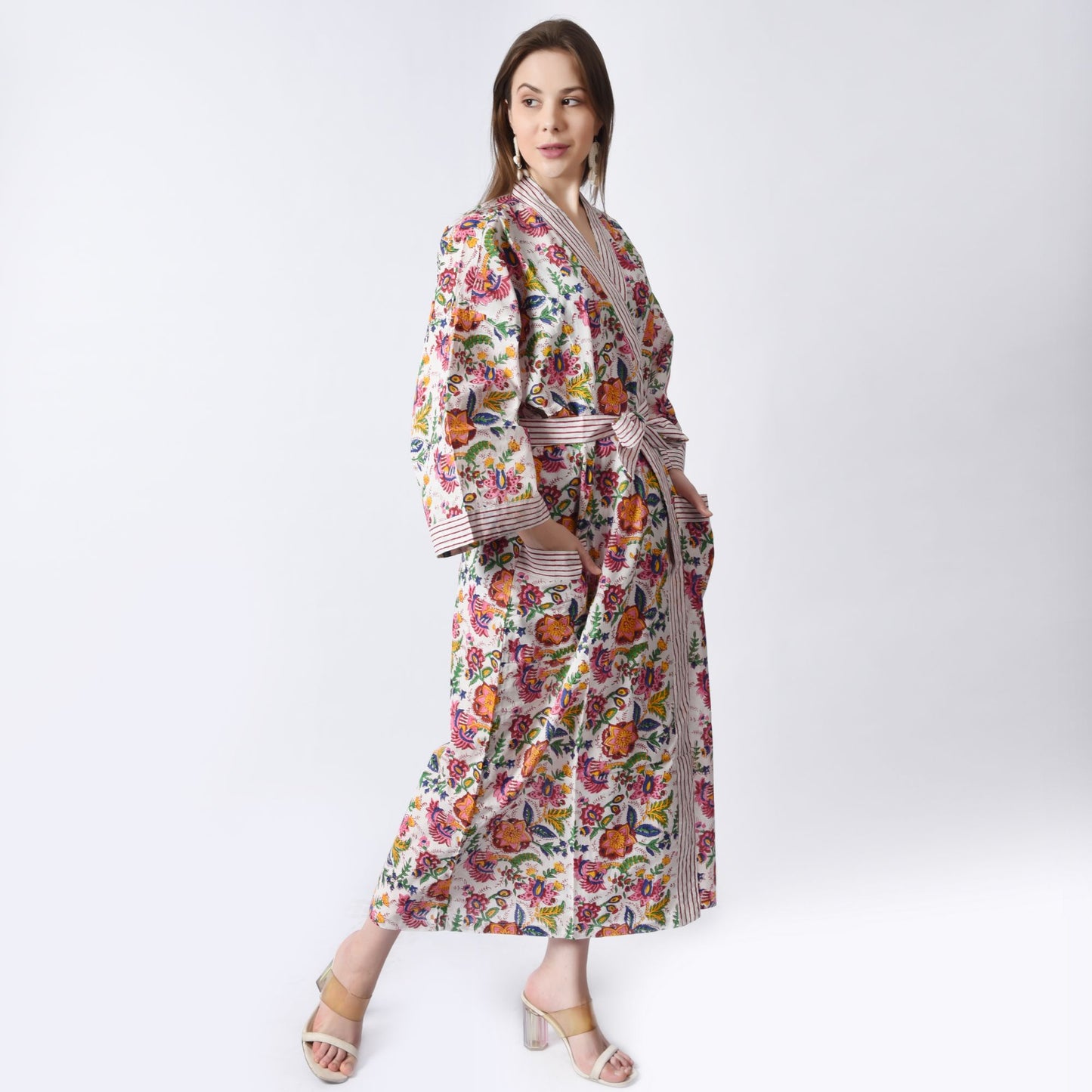 Hand Block Printed Sanganeri Jaipuri Floral Women Casual Kimono Dress Beach wear sleepwear belted dress