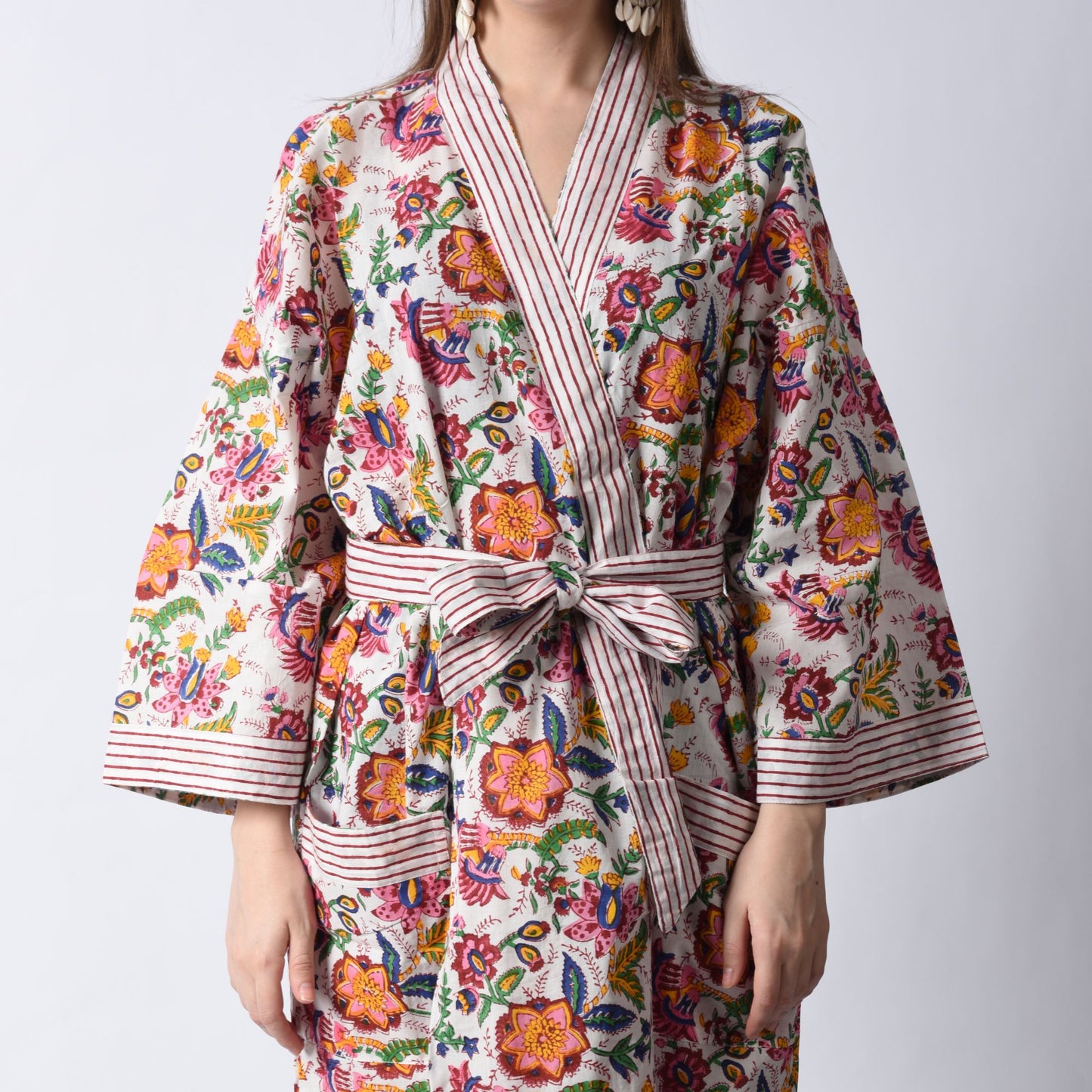 Hand Block Printed Sanganeri Jaipuri Floral Women Casual Kimono Dress Beach wear sleepwear belted dress