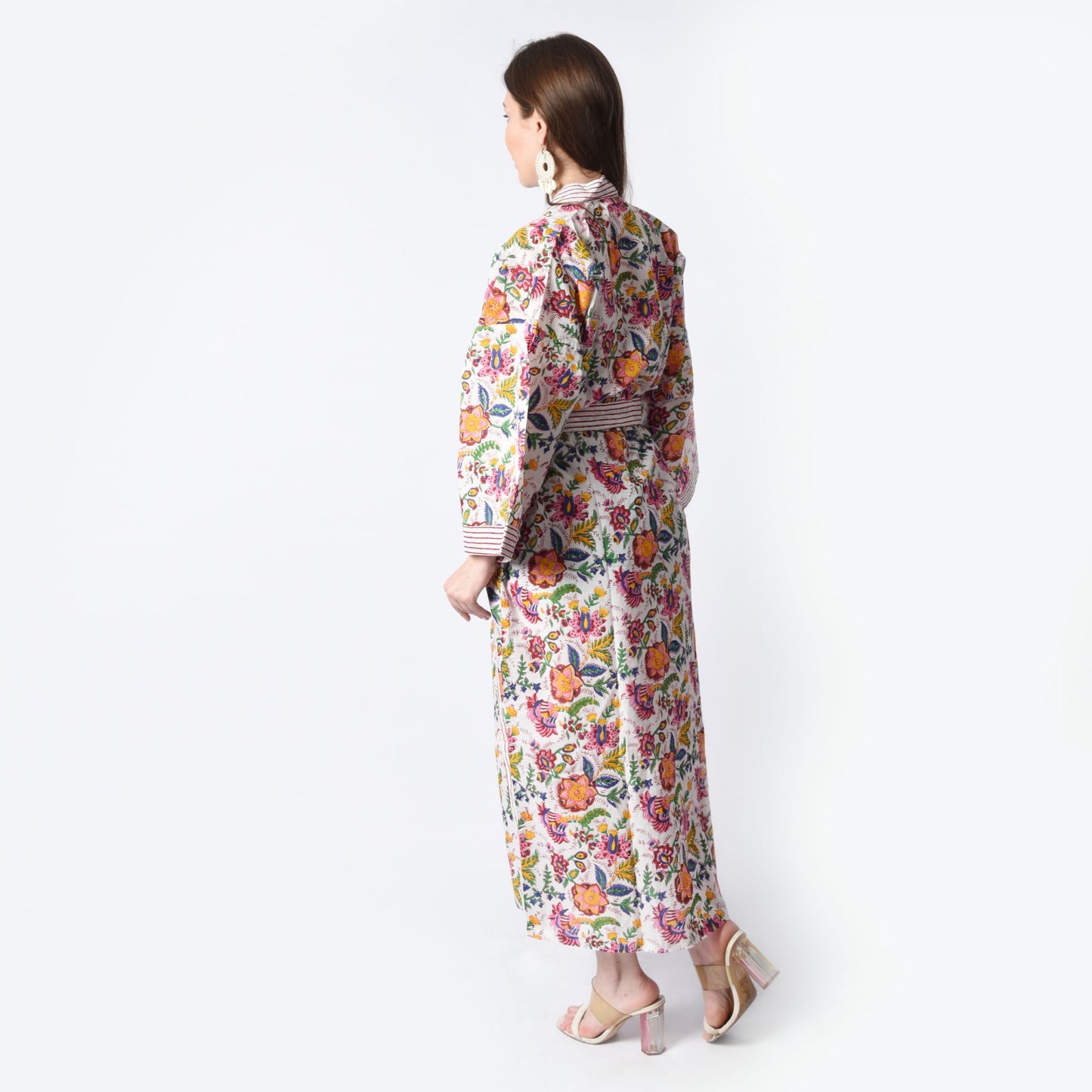 Hand Block Printed Sanganeri Jaipuri Floral Women Casual Kimono Dress Beach wear sleepwear belted dress