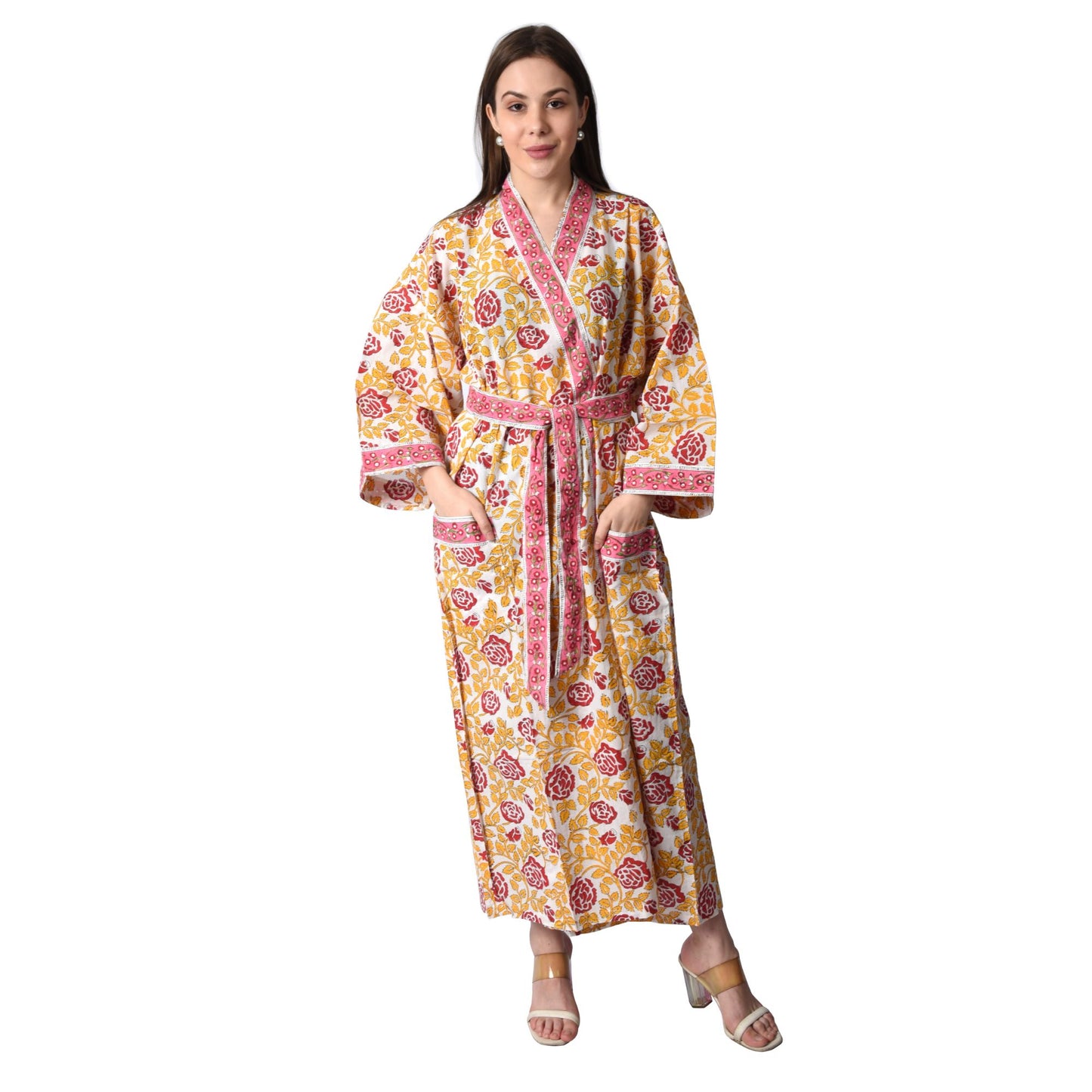 Hand Block Printed Sanganeri Jaipuri Floral Women Casual Kimono Dress Beach wear sleepwear belted dress