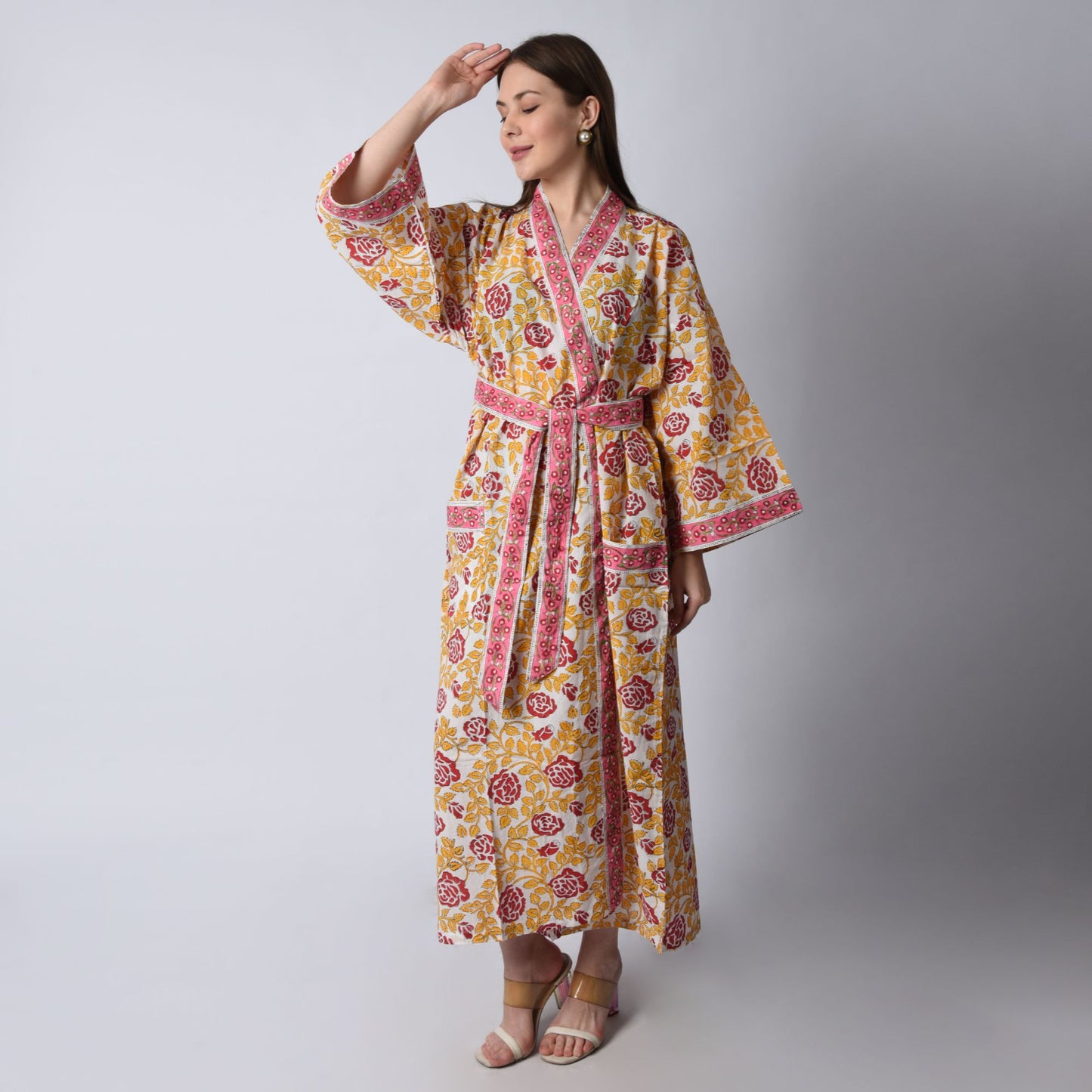 Hand Block Printed Sanganeri Jaipuri Floral Women Casual Kimono Dress Beach wear sleepwear belted dress