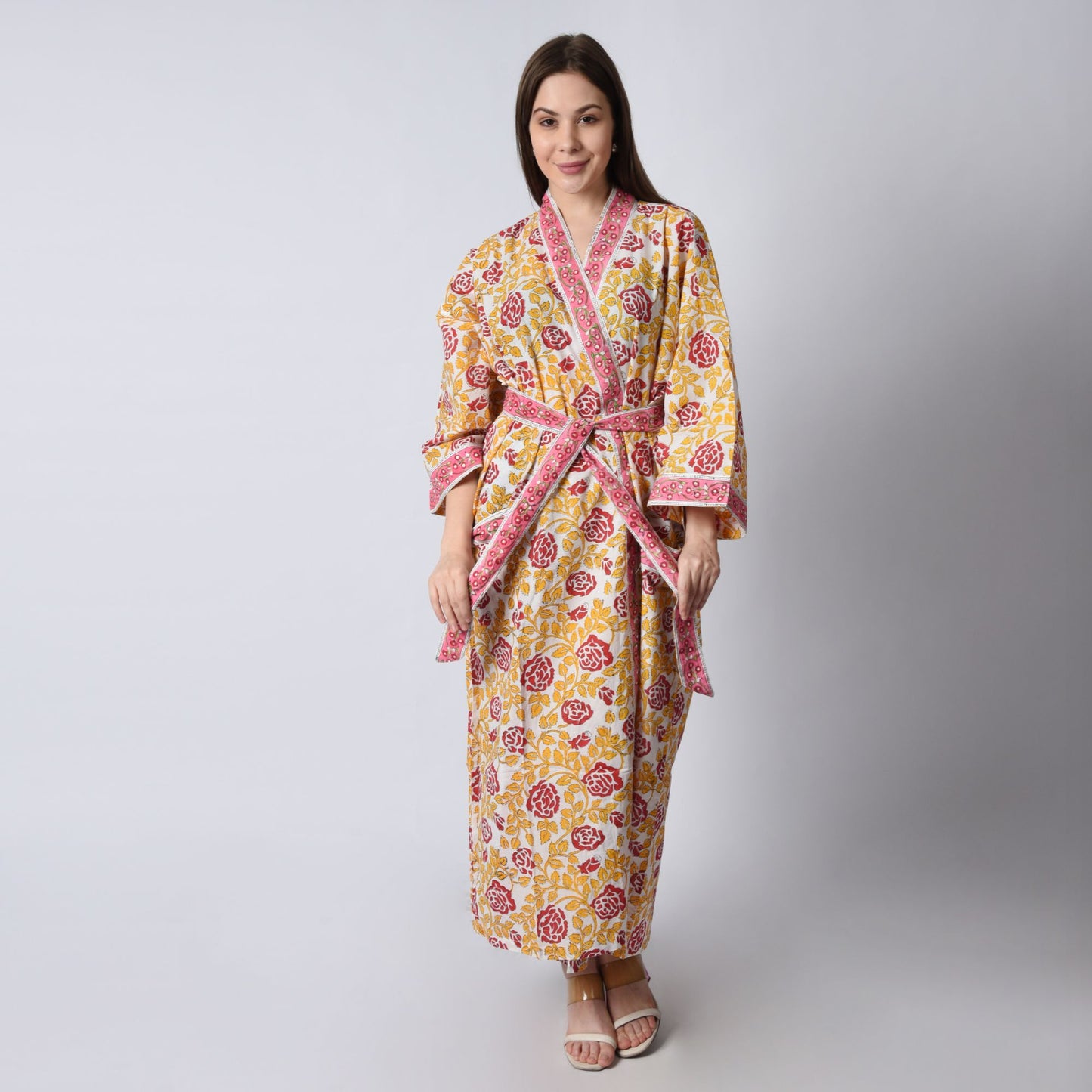 Hand Block Printed Sanganeri Jaipuri Floral Women Casual Kimono Dress Beach wear sleepwear belted dress