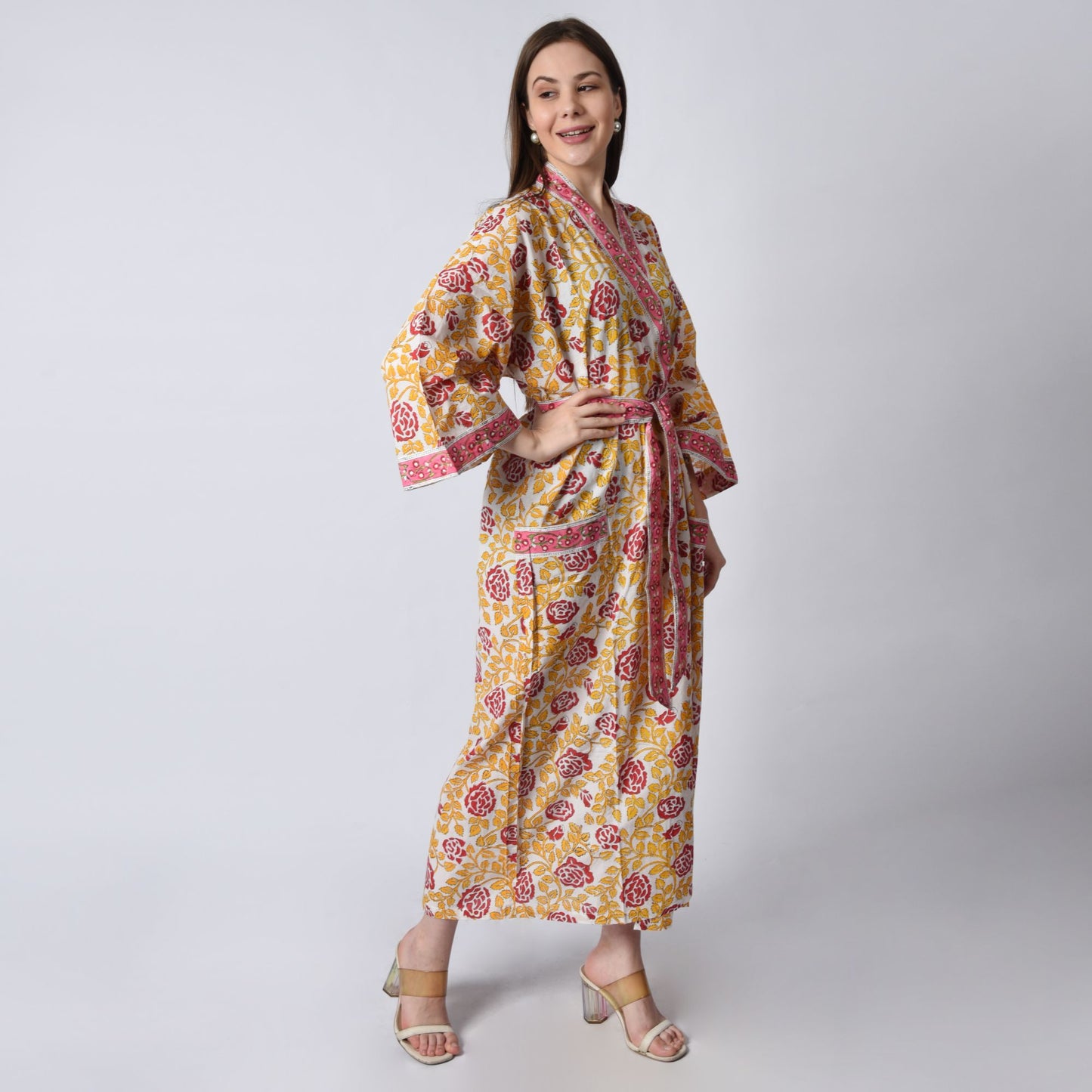 Hand Block Printed Sanganeri Jaipuri Floral Women Casual Kimono Dress Beach wear sleepwear belted dress