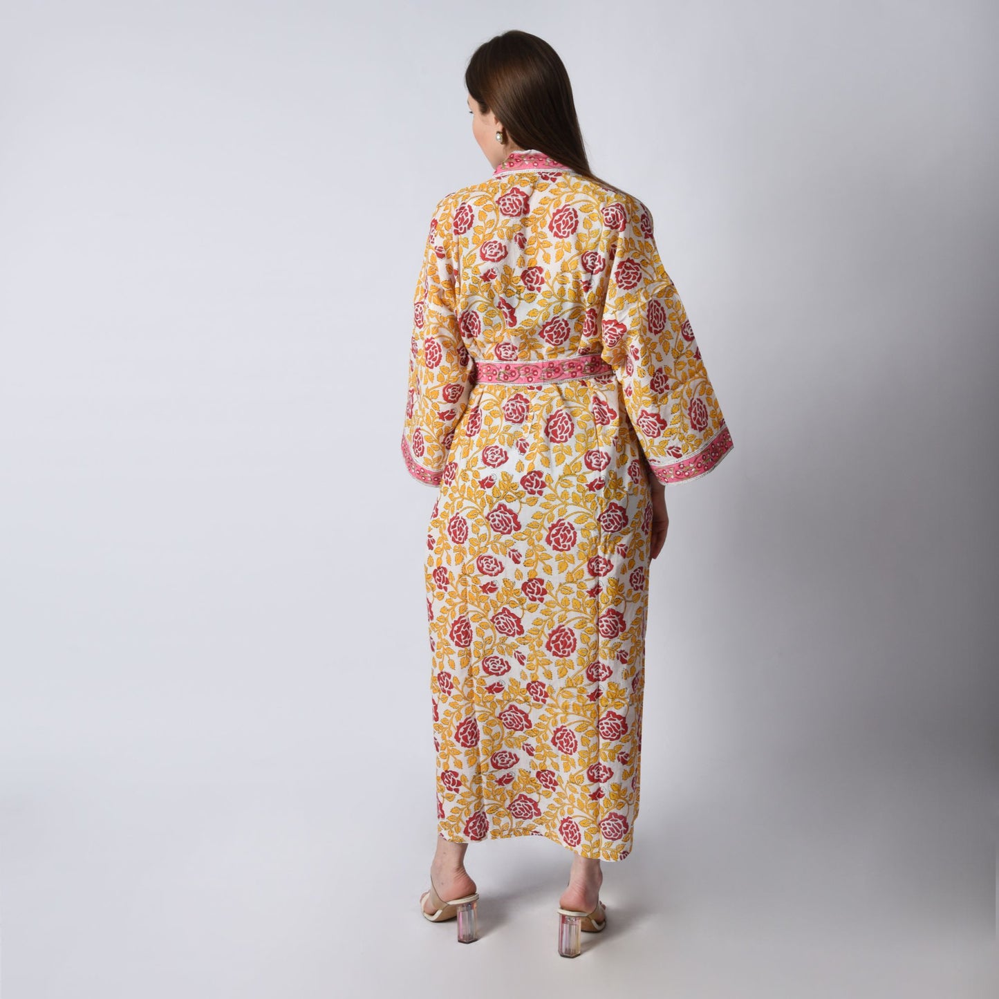 Hand Block Printed Sanganeri Jaipuri Floral Women Casual Kimono Dress Beach wear sleepwear belted dress