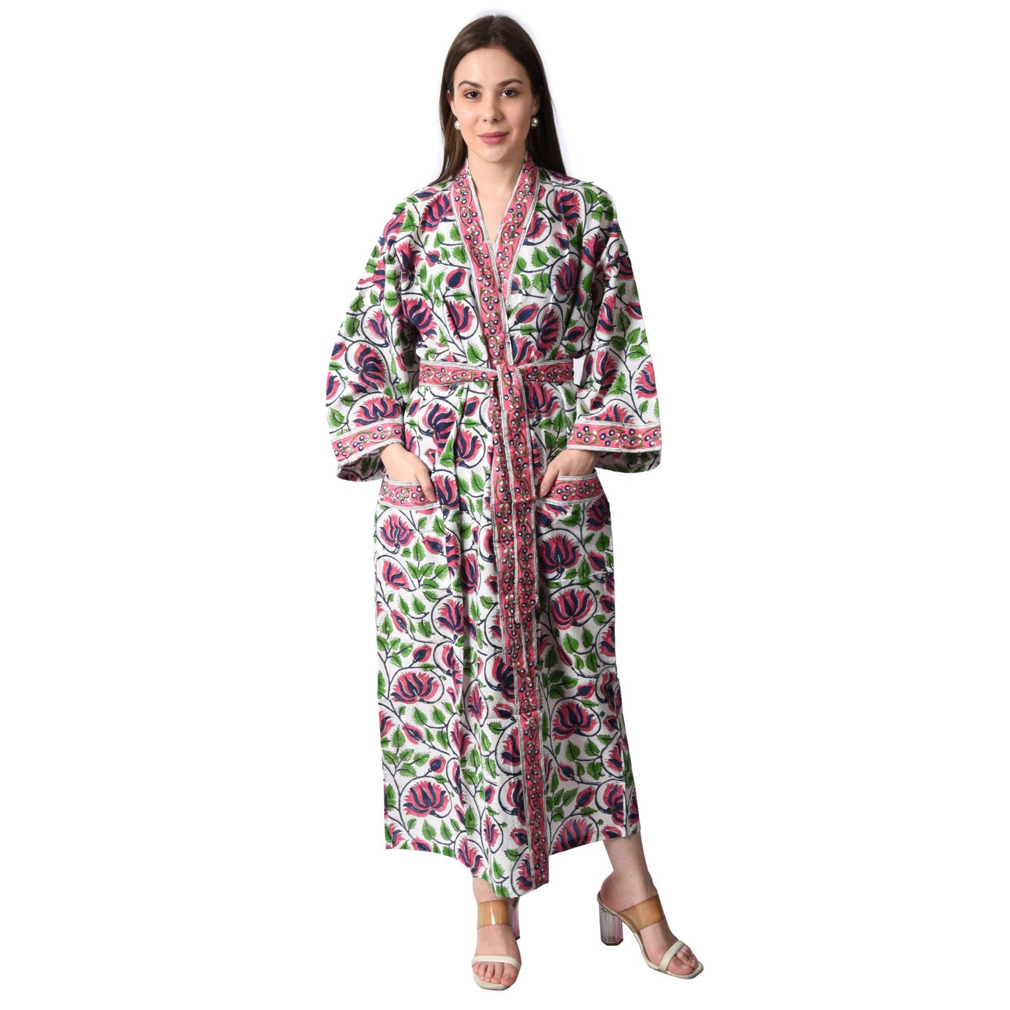 Hand Block Printed Sanganeri Jaipuri Floral Women Casual Kimono Dress Beach wear sleepwear belted dress