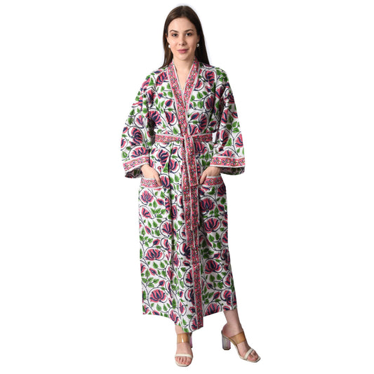 Hand Block Printed Sanganeri Jaipuri Floral Women Casual Kimono Dress Beach wear sleepwear belted dress