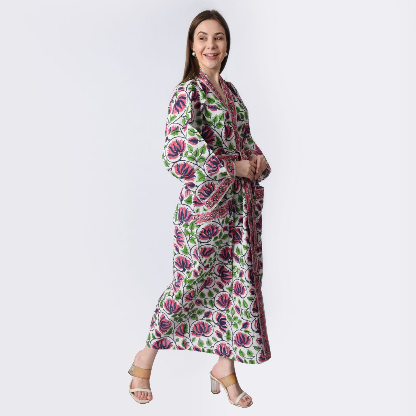 Hand Block Printed Sanganeri Jaipuri Floral Women Casual Kimono Dress Beach wear sleepwear belted dress