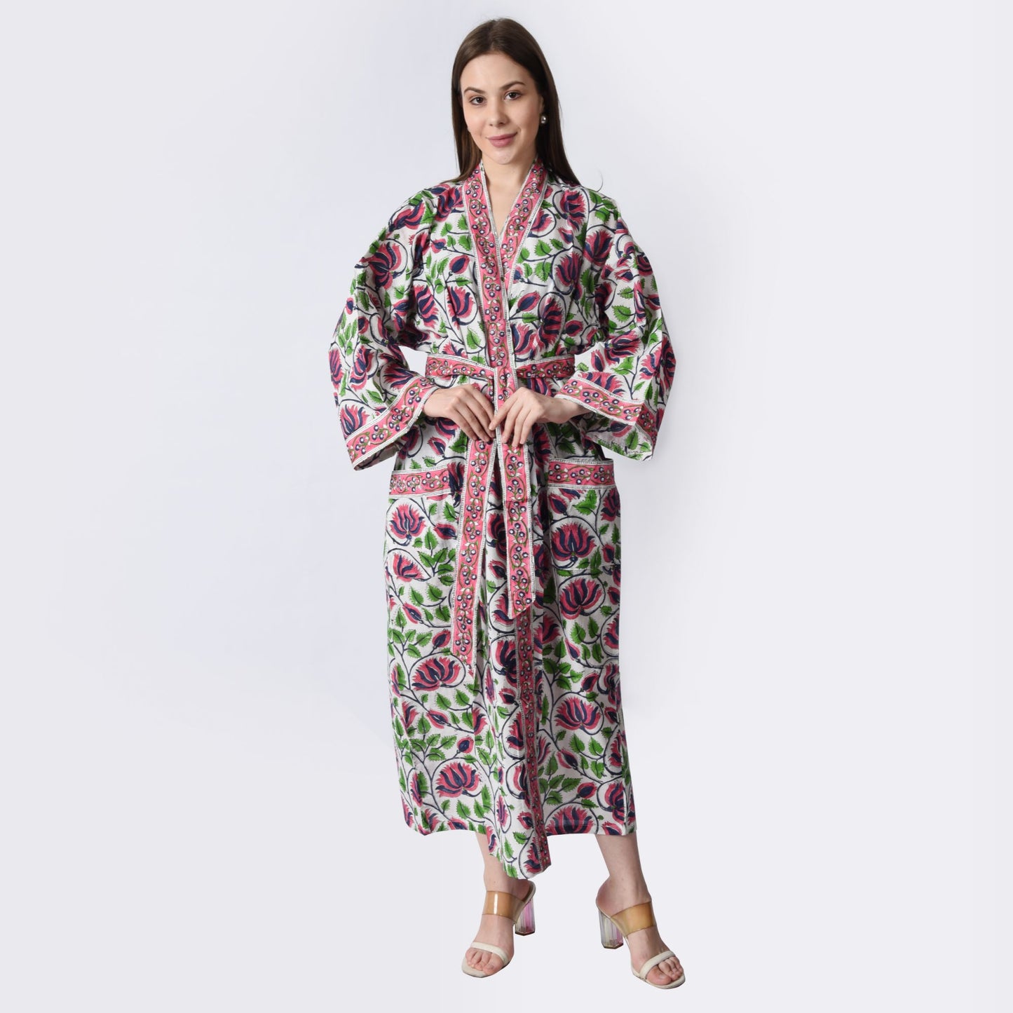 Hand Block Printed Sanganeri Jaipuri Floral Women Casual Kimono Dress Beach wear sleepwear belted dress