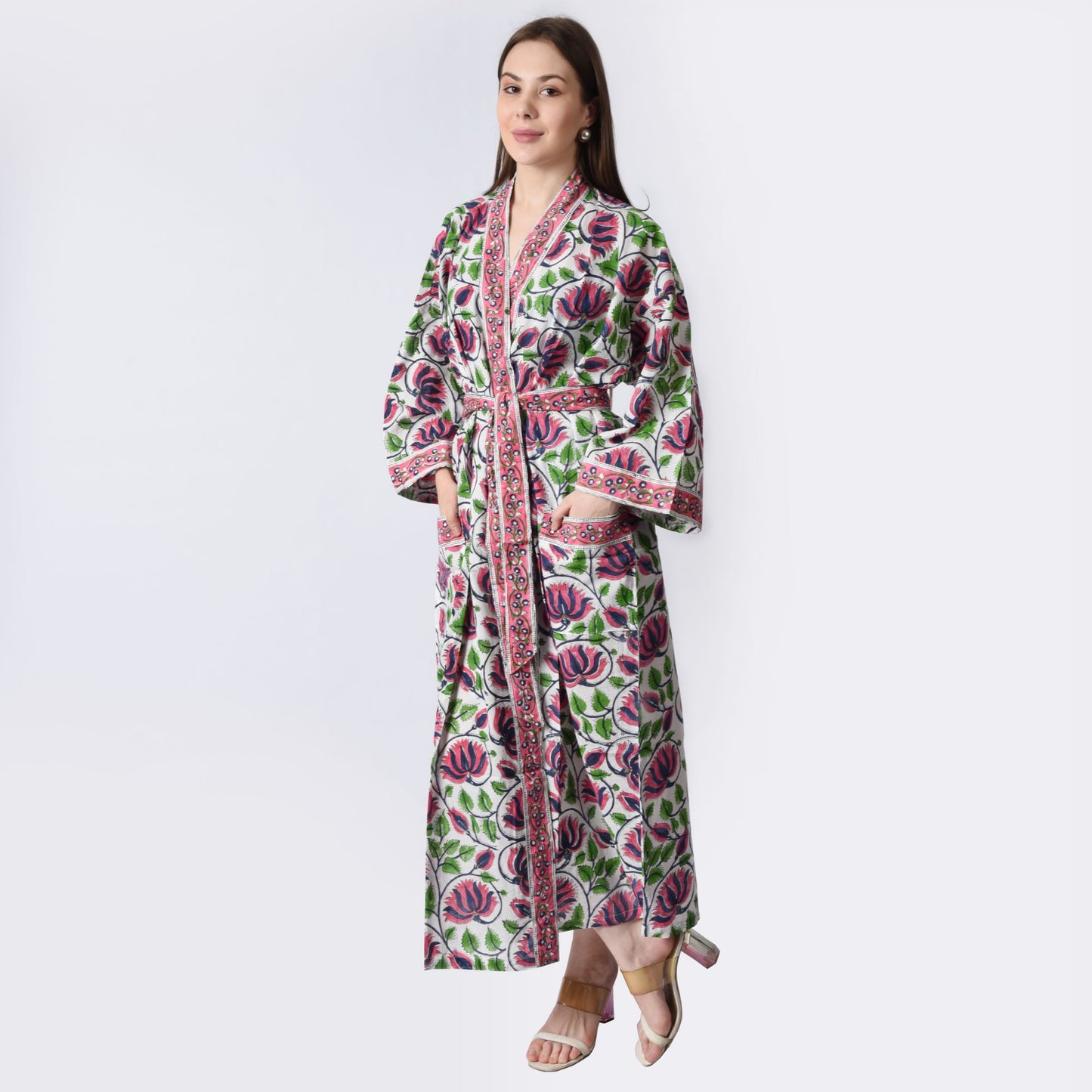 Hand Block Printed Sanganeri Jaipuri Floral Women Casual Kimono Dress Beach wear sleepwear belted dress