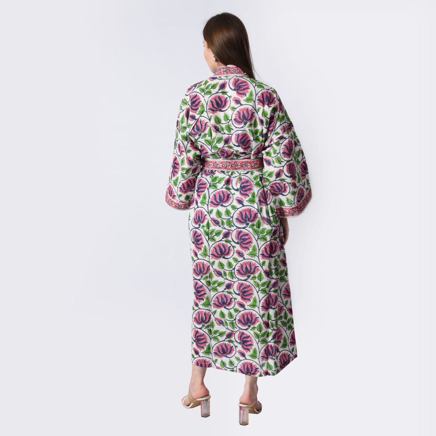 Hand Block Printed Sanganeri Jaipuri Floral Women Casual Kimono Dress Beach wear sleepwear belted dress