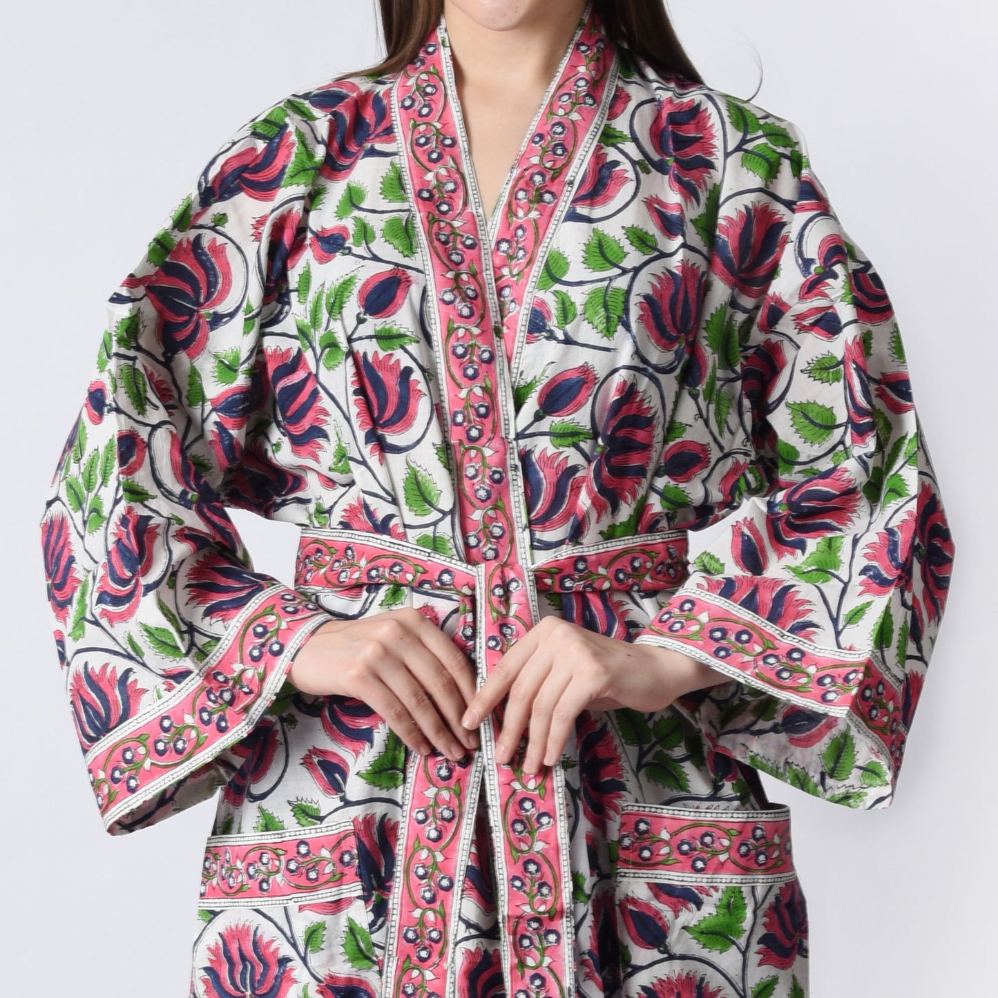 Hand Block Printed Sanganeri Jaipuri Floral Women Casual Kimono Dress Beach wear sleepwear belted dress