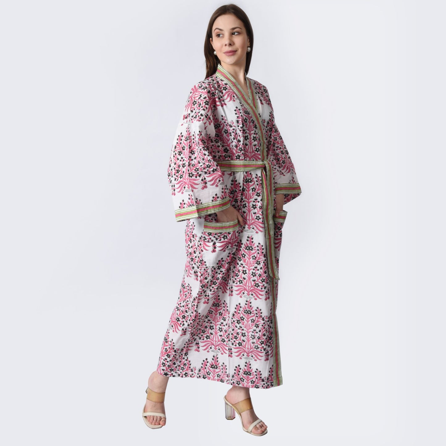 Hand Block Printed Sanganeri Jaipuri Floral Women Casual Kimono Dress Beach wear sleepwear belted dress
