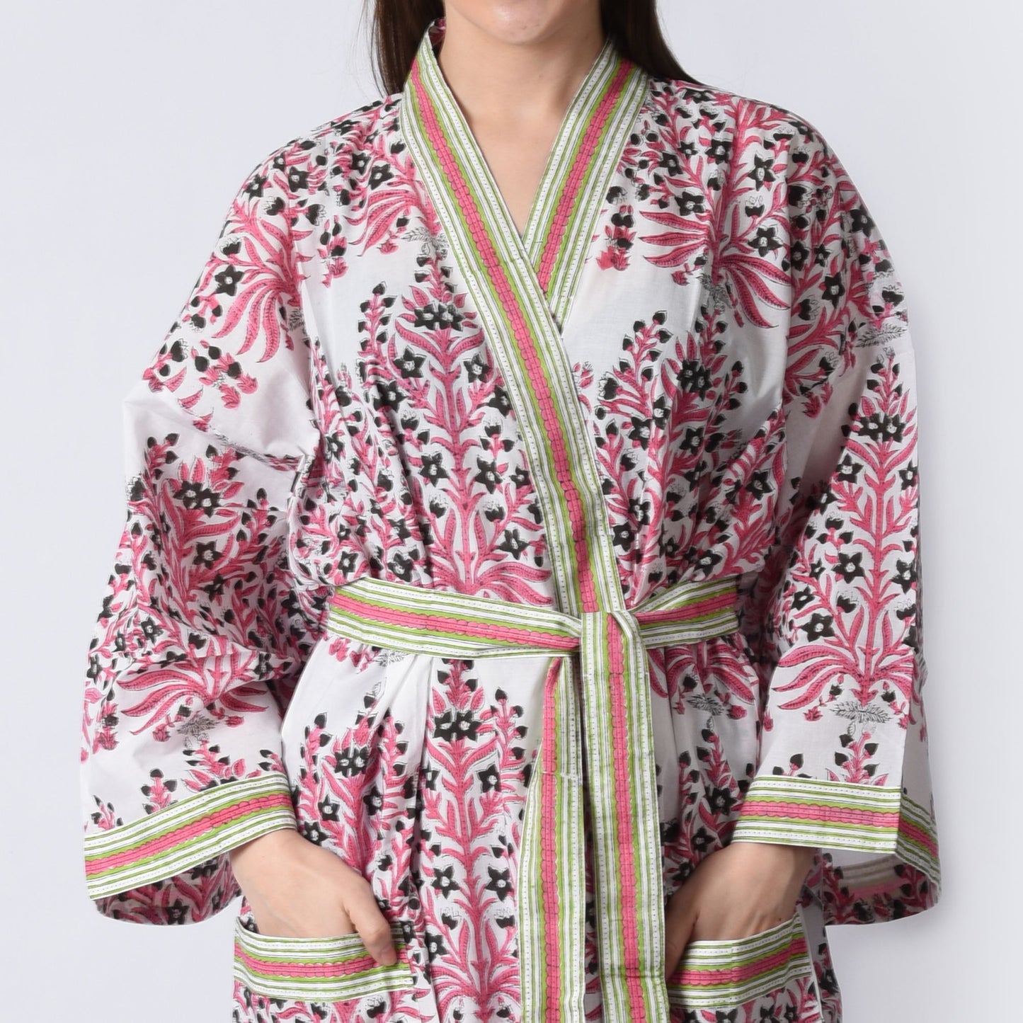 Hand Block Printed Sanganeri Jaipuri Floral Women Casual Kimono Dress Beach wear sleepwear belted dress