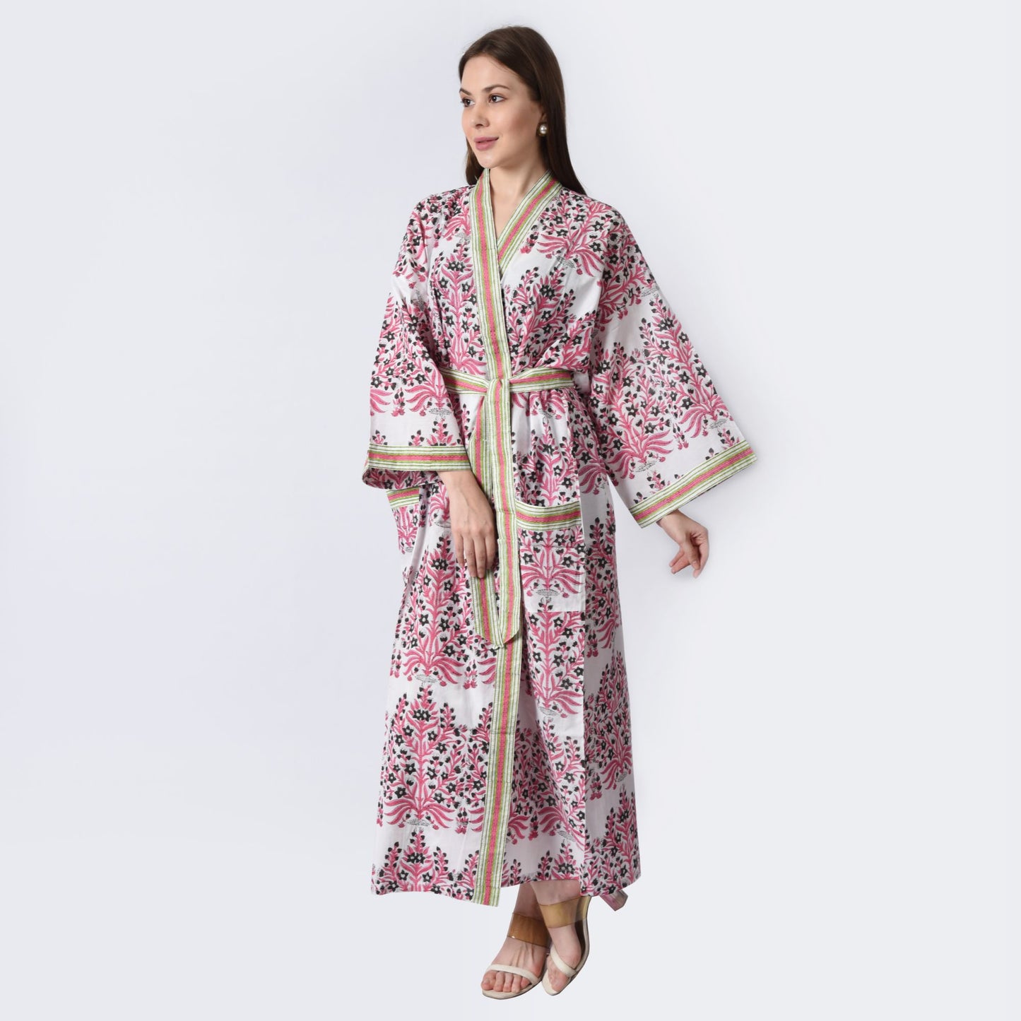 Hand Block Printed Sanganeri Jaipuri Floral Women Casual Kimono Dress Beach wear sleepwear belted dress