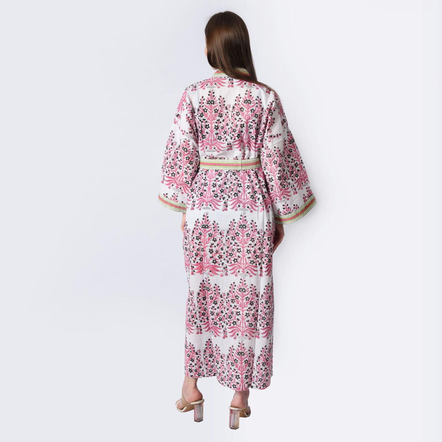 Hand Block Printed Sanganeri Jaipuri Floral Women Casual Kimono Dress Beach wear sleepwear belted dress