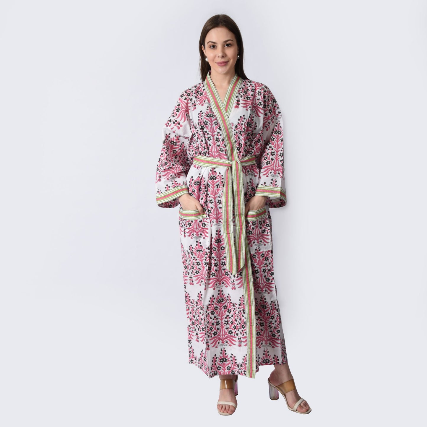 Hand Block Printed Sanganeri Jaipuri Floral Women Casual Kimono Dress Beach wear sleepwear belted dress