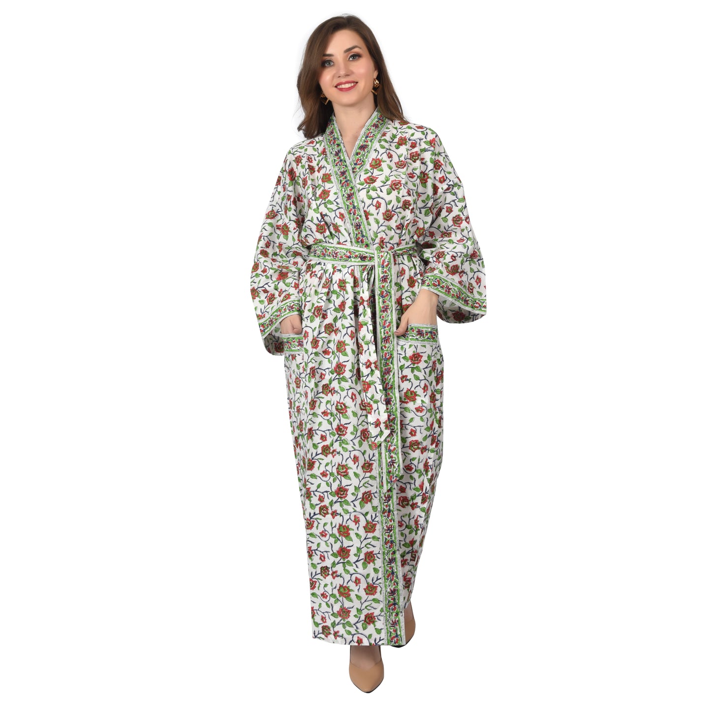 Hand Block Printed Sanganeri Jaipuri Floral Women Casual Kimono Dress Beach wear sleepwear belted dress