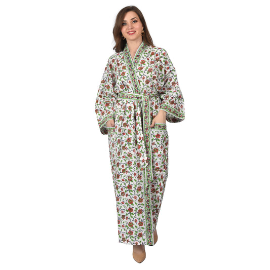 Hand Block Printed Sanganeri Jaipuri Floral Women Casual Kimono Dress Beach wear sleepwear belted dress