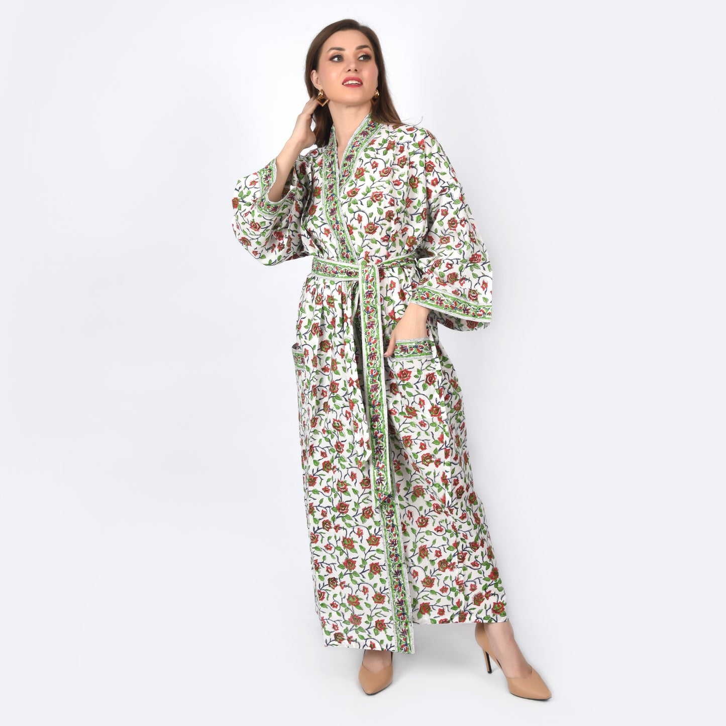 Hand Block Printed Sanganeri Jaipuri Floral Women Casual Kimono Dress Beach wear sleepwear belted dress