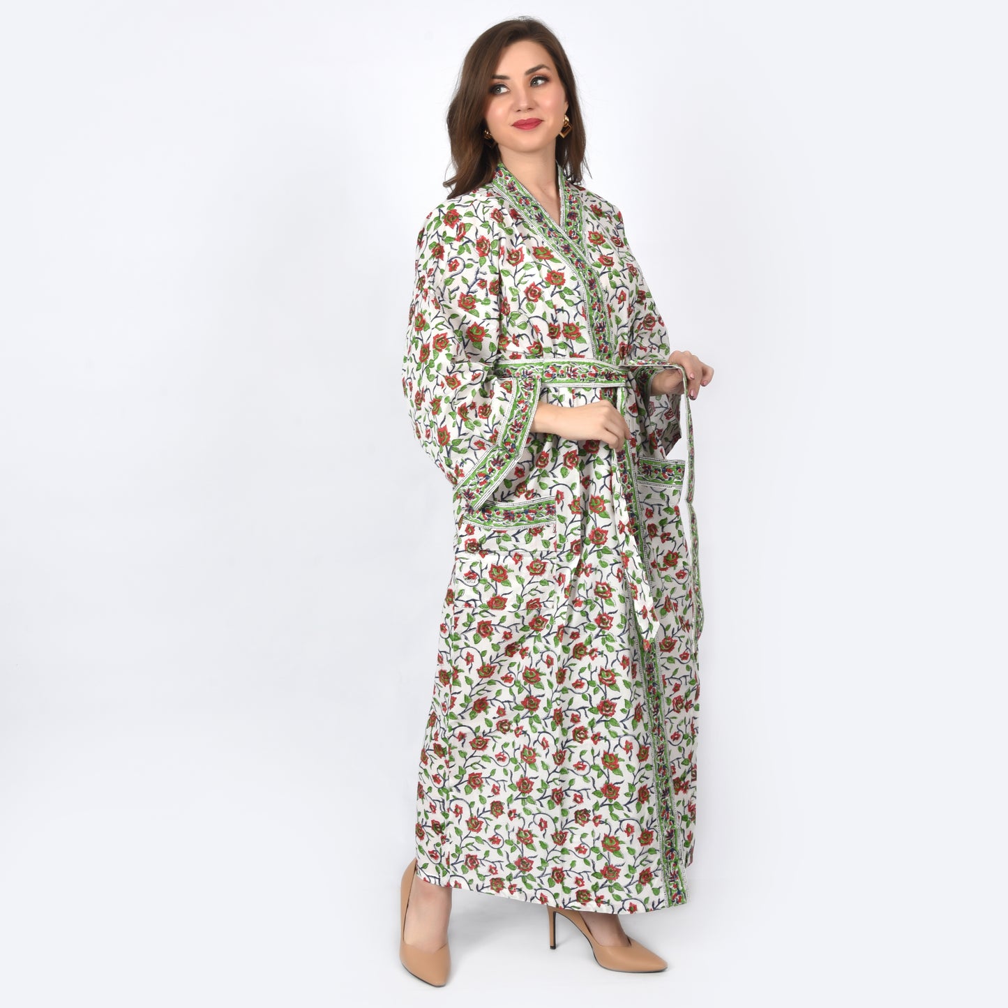 Hand Block Printed Sanganeri Jaipuri Floral Women Casual Kimono Dress Beach wear sleepwear belted dress
