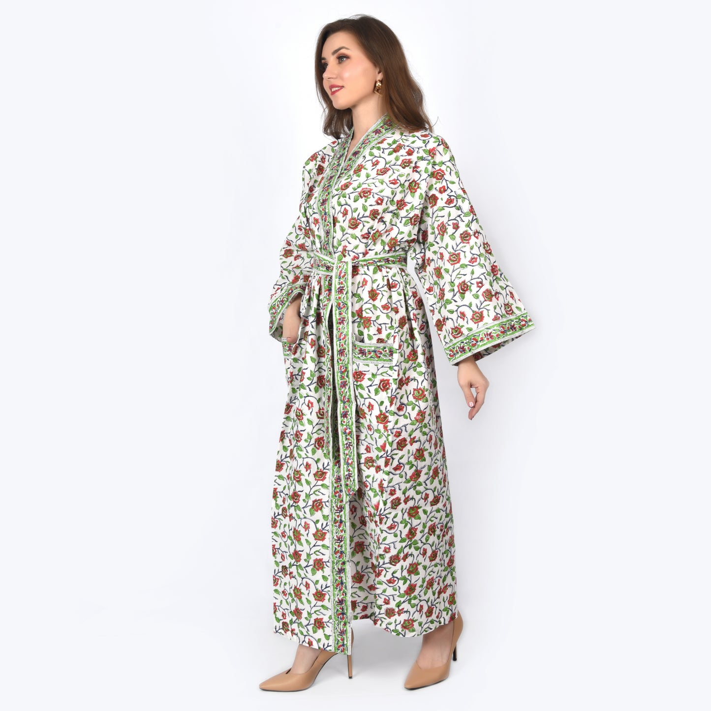 Hand Block Printed Sanganeri Jaipuri Floral Women Casual Kimono Dress Beach wear sleepwear belted dress