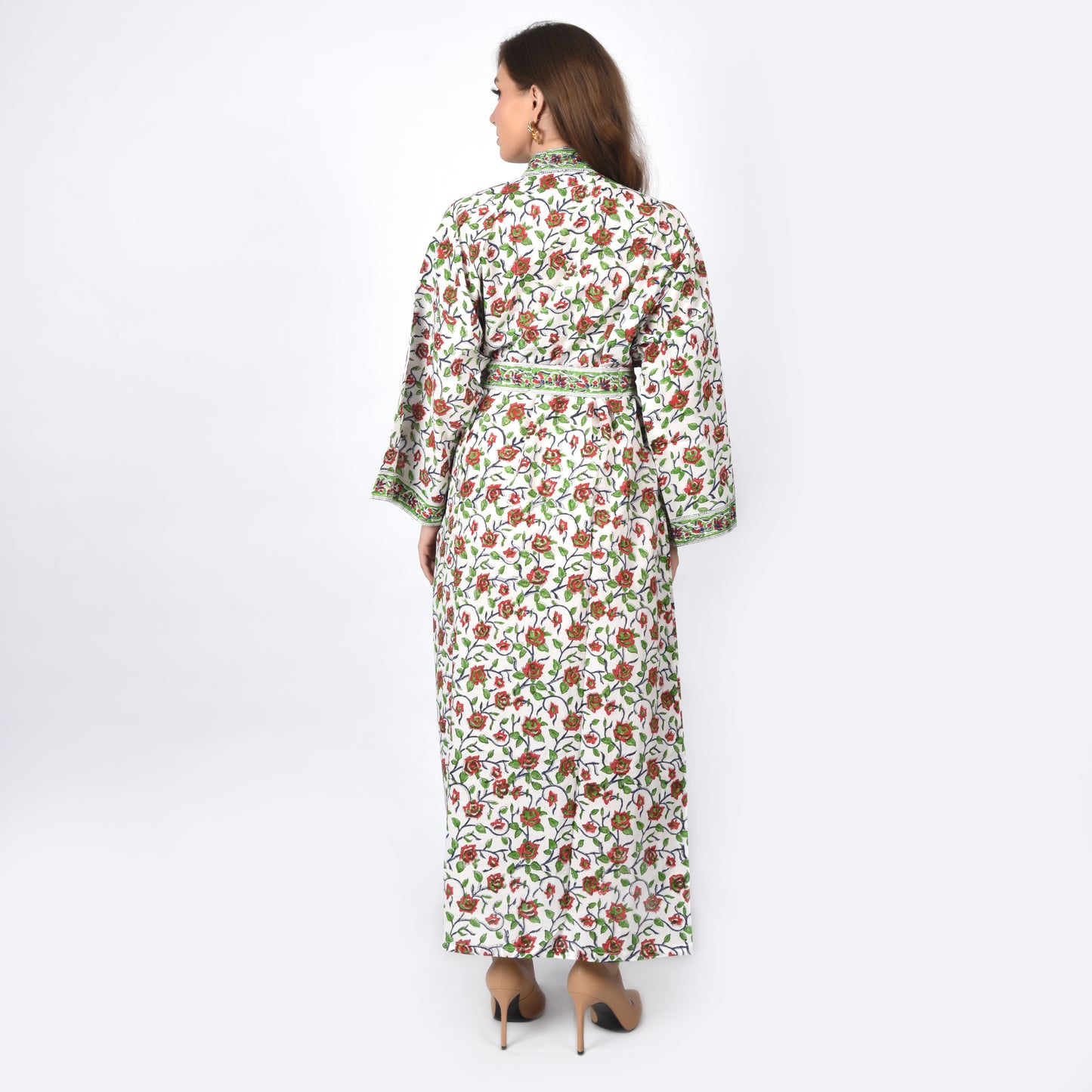 Hand Block Printed Sanganeri Jaipuri Floral Women Casual Kimono Dress Beach wear sleepwear belted dress