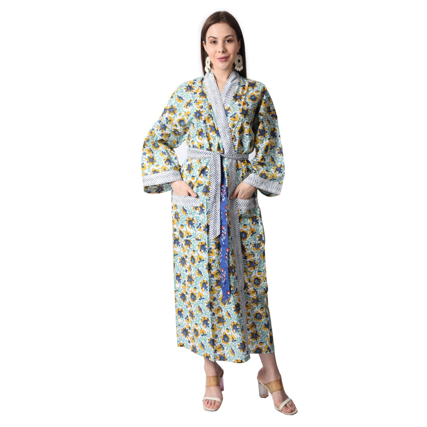 Hand Block Printed Sanganeri Jaipuri Floral Women Casual Kimono Dress Beach wear sleepwear belted dress