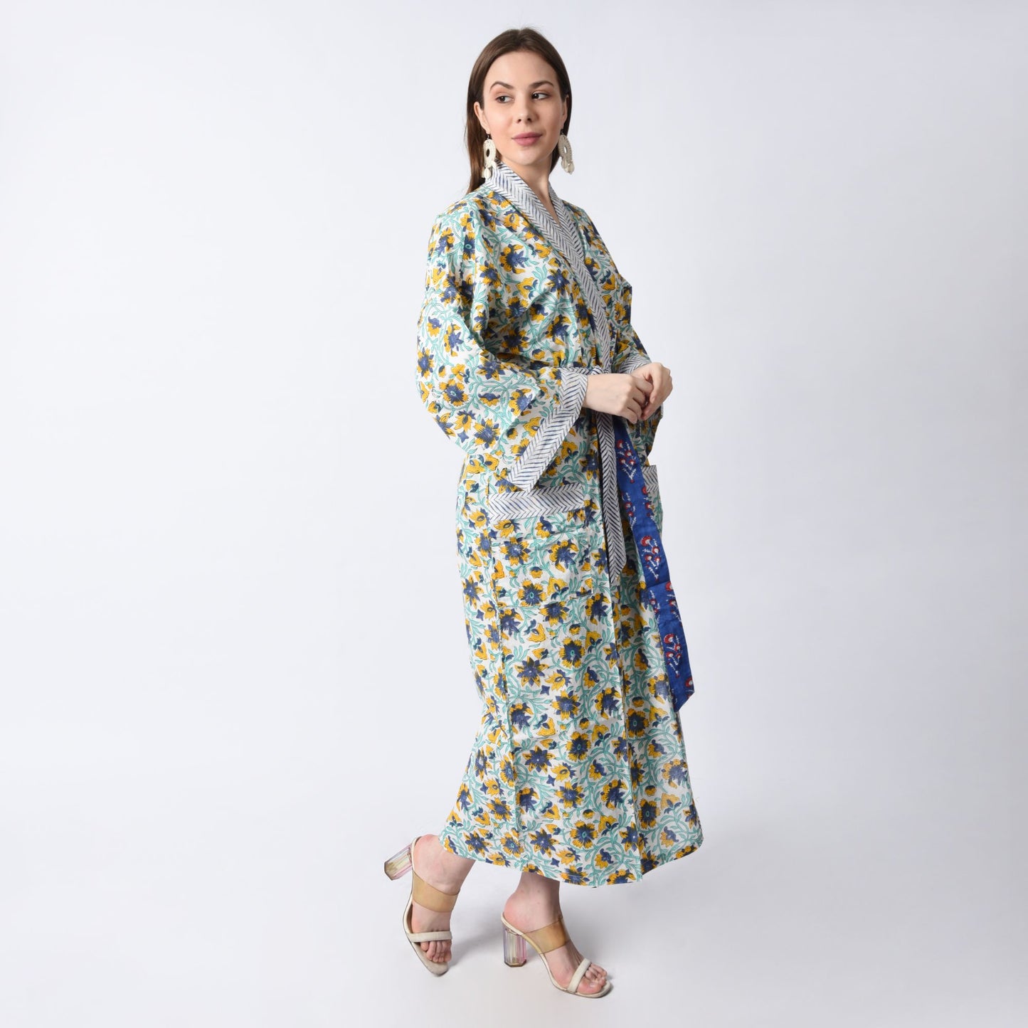 Hand Block Printed Sanganeri Jaipuri Floral Women Casual Kimono Dress Beach wear sleepwear belted dress