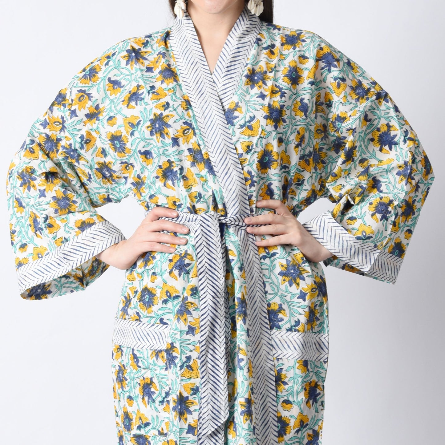Hand Block Printed Sanganeri Jaipuri Floral Women Casual Kimono Dress Beach wear sleepwear belted dress