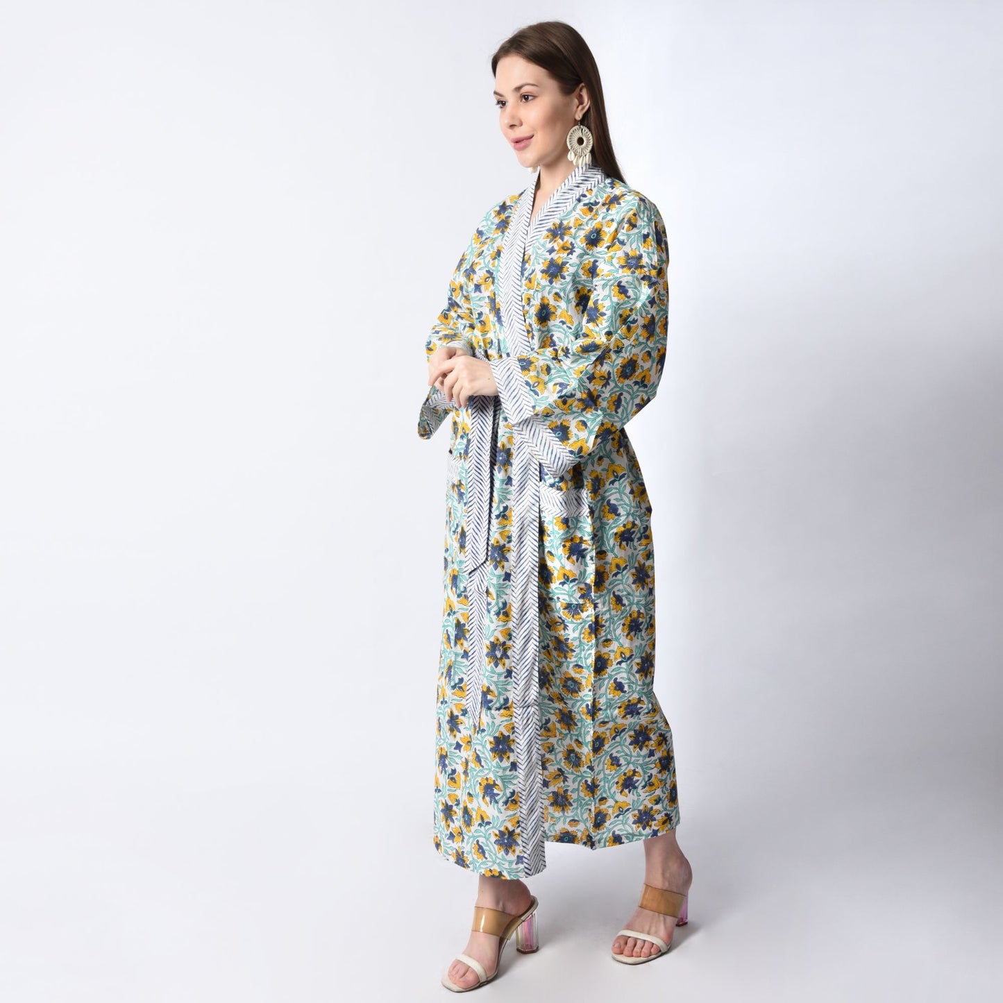 Hand Block Printed Sanganeri Jaipuri Floral Women Casual Kimono Dress Beach wear sleepwear belted dress