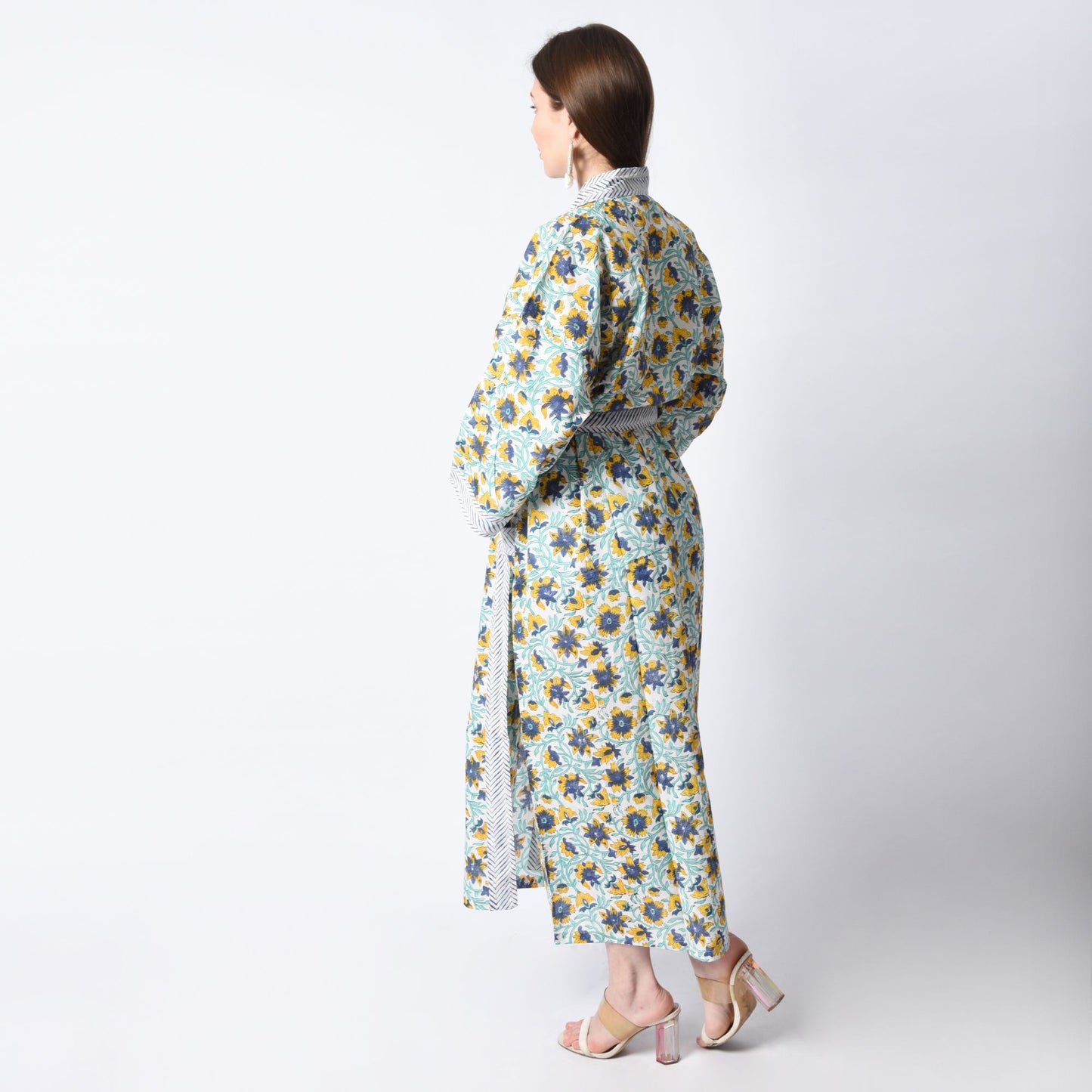 Hand Block Printed Sanganeri Jaipuri Floral Women Casual Kimono Dress Beach wear sleepwear belted dress