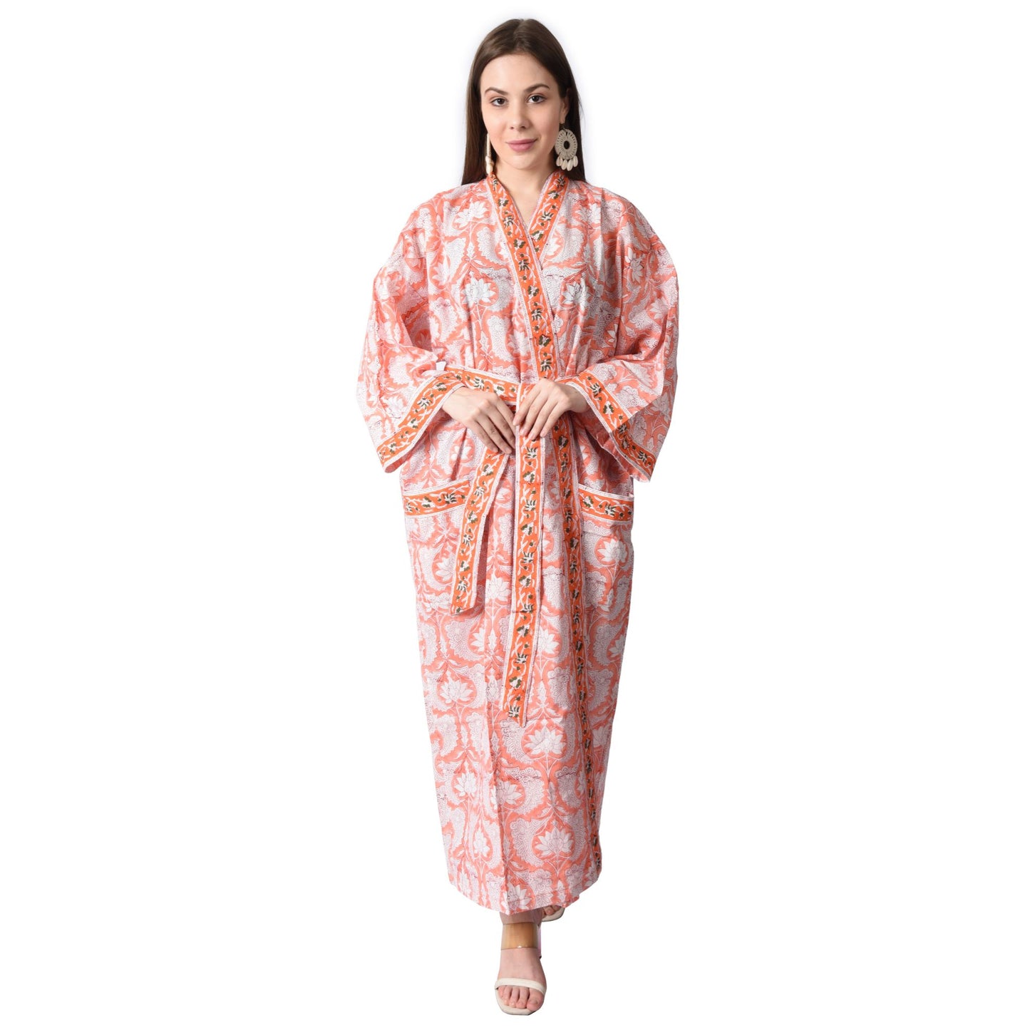 Hand Block Printed Sanganeri Jaipuri Floral Women Casual Kimono Dress Beach wear sleepwear belted dress