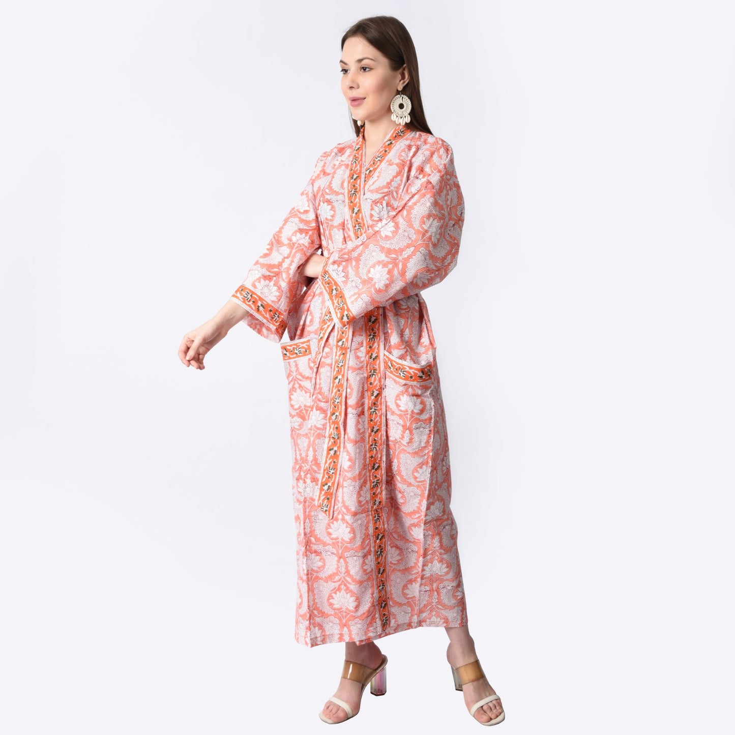 Hand Block Printed Sanganeri Jaipuri Floral Women Casual Kimono Dress Beach wear sleepwear belted dress