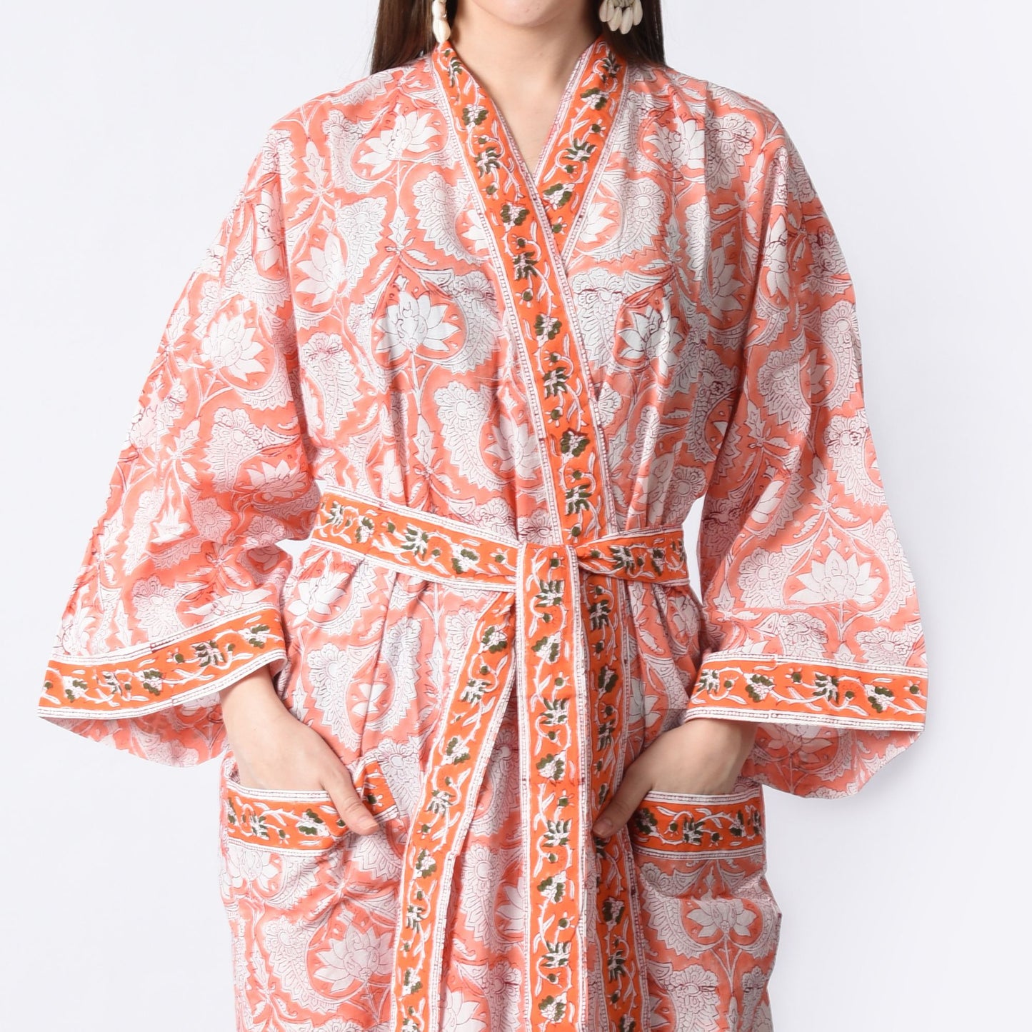 Hand Block Printed Sanganeri Jaipuri Floral Women Casual Kimono Dress Beach wear sleepwear belted dress