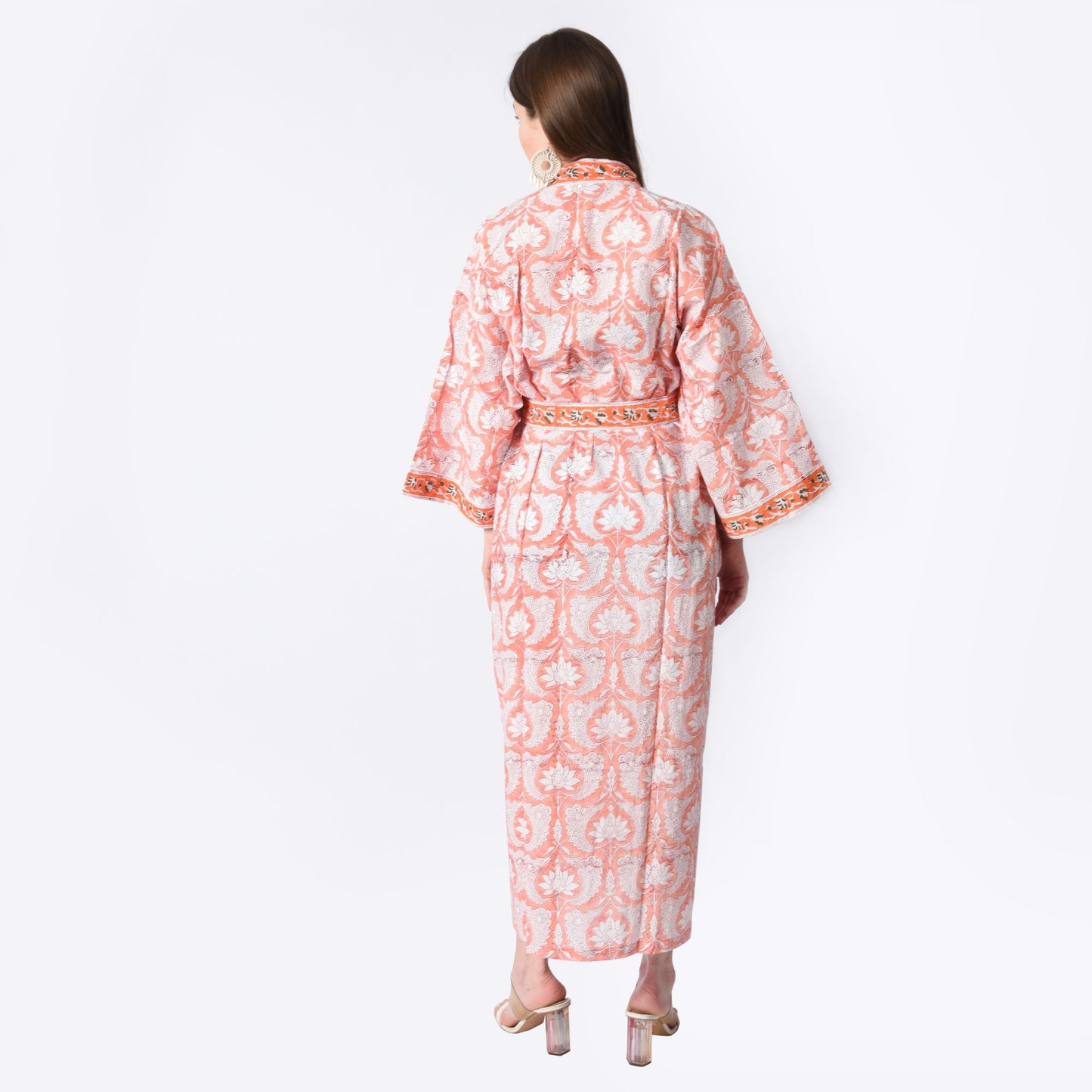 Hand Block Printed Sanganeri Jaipuri Floral Women Casual Kimono Dress Beach wear sleepwear belted dress